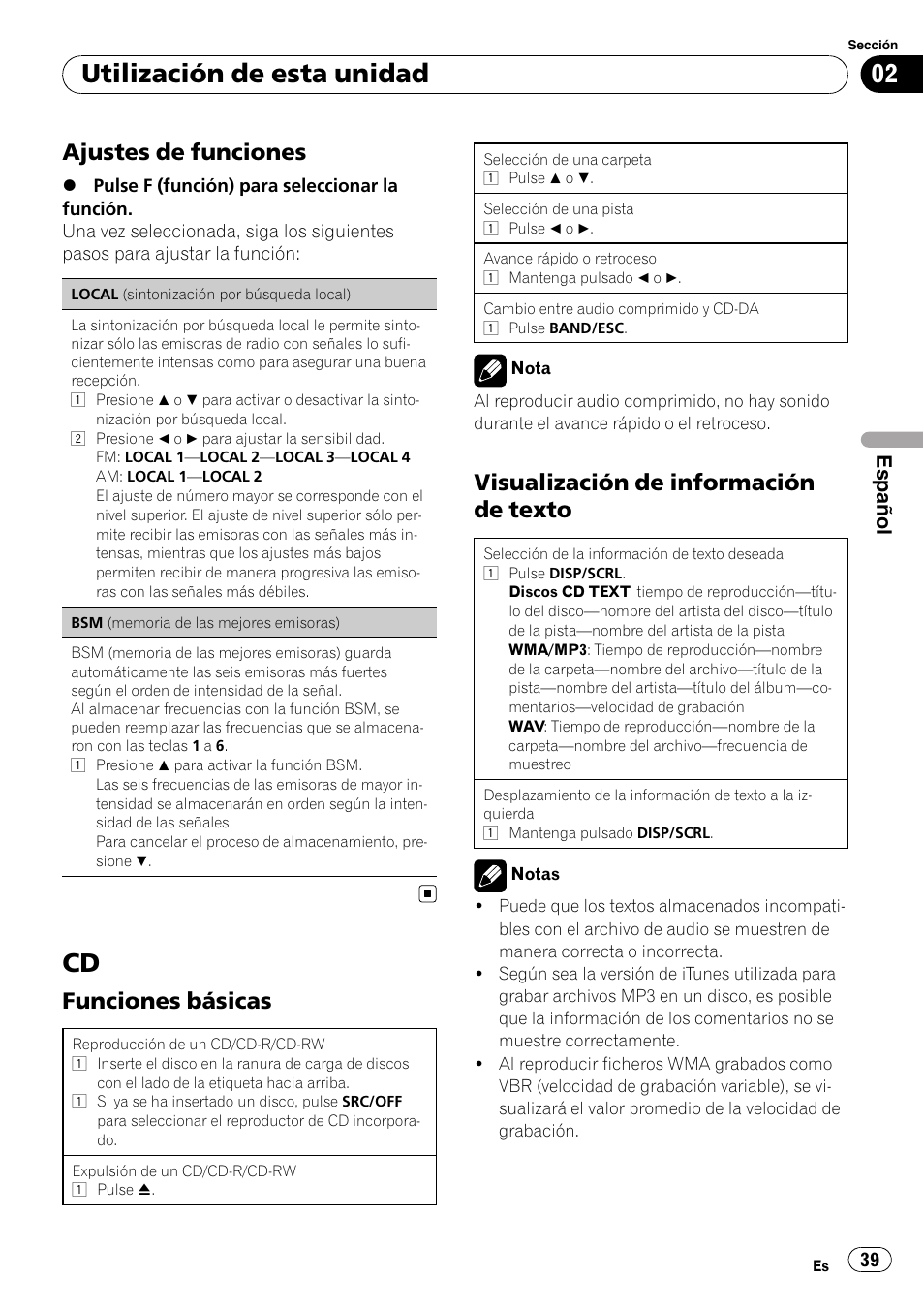 Utilización de esta unidad, Ajustes de funciones, Funciones básicas | Visualización de información de texto, Español | Pioneer DEH-1200MP User Manual | Page 39 / 52