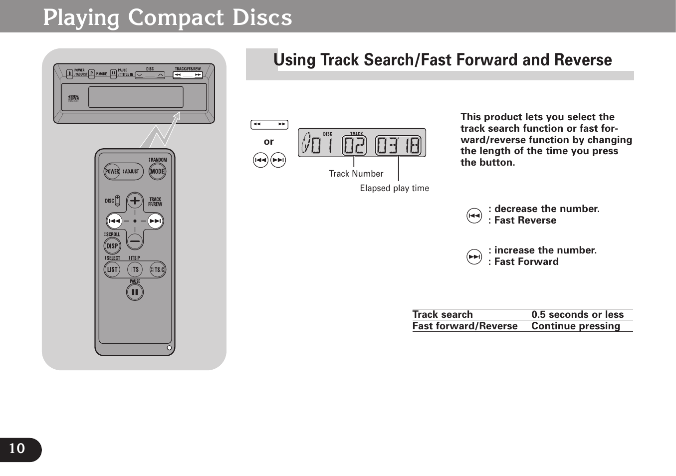 Using track search/fast forward and reverse, Playing compact discs | Pioneer CDX-FM677 User Manual | Page 10 / 35