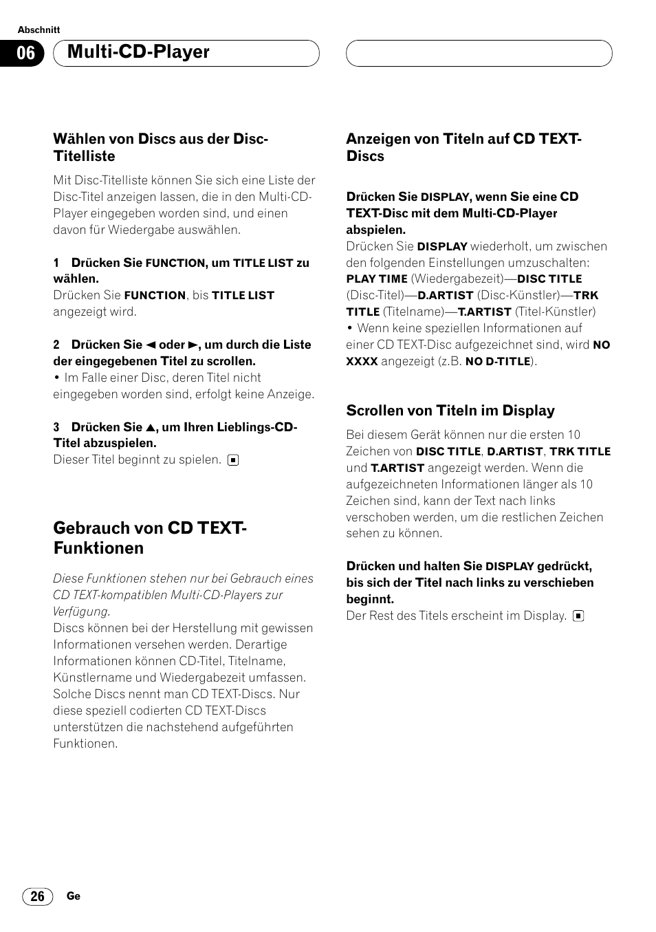 Wählen von discs aus der disc, Titelliste 26, Gebrauch von cd text-funktionen 26 | Multi-cd-player, Gebrauch von cd text- funktionen, Wählen von discs aus der disc- titelliste, Anzeigen von titeln auf cd text- discs, Scrollen von titeln im display | Pioneer KEH-P6020RB User Manual | Page 102 / 116