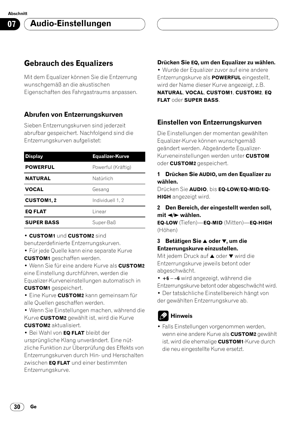 Gebrauch des equalizers 30, Audio-einstellungen, Gebrauch des equalizers | Abrufen von entzerrungskurven, Einstellen von entzerrungskurven | Pioneer KEH-P6020RB User Manual | Page 106 / 116