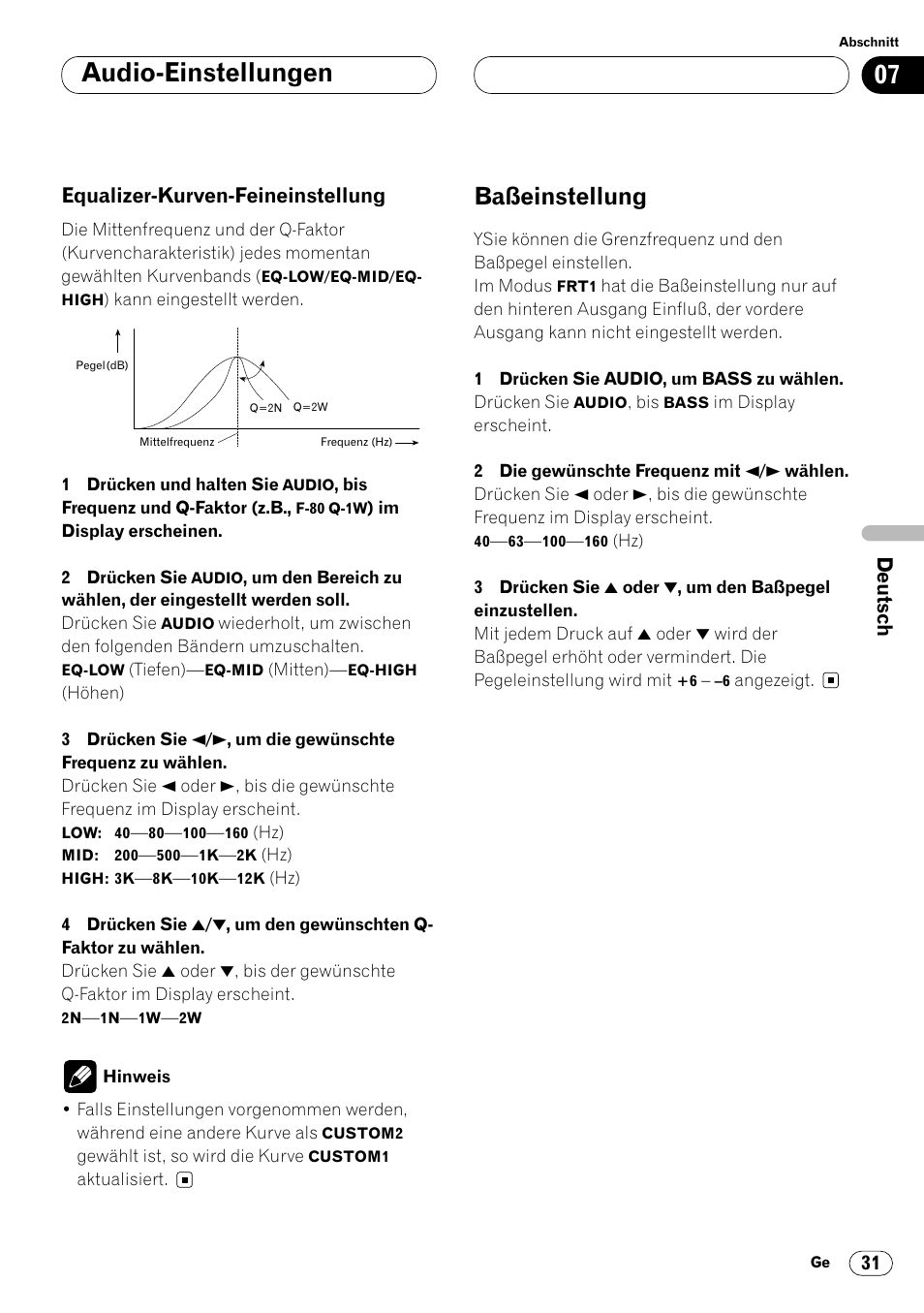 Equalizer-kurven-feineinstellung 31, Baßeinstellung 31, Audio-einstellungen | Baßeinstellung, Equalizer-kurven-feineinstellung | Pioneer KEH-P6020RB User Manual | Page 107 / 116