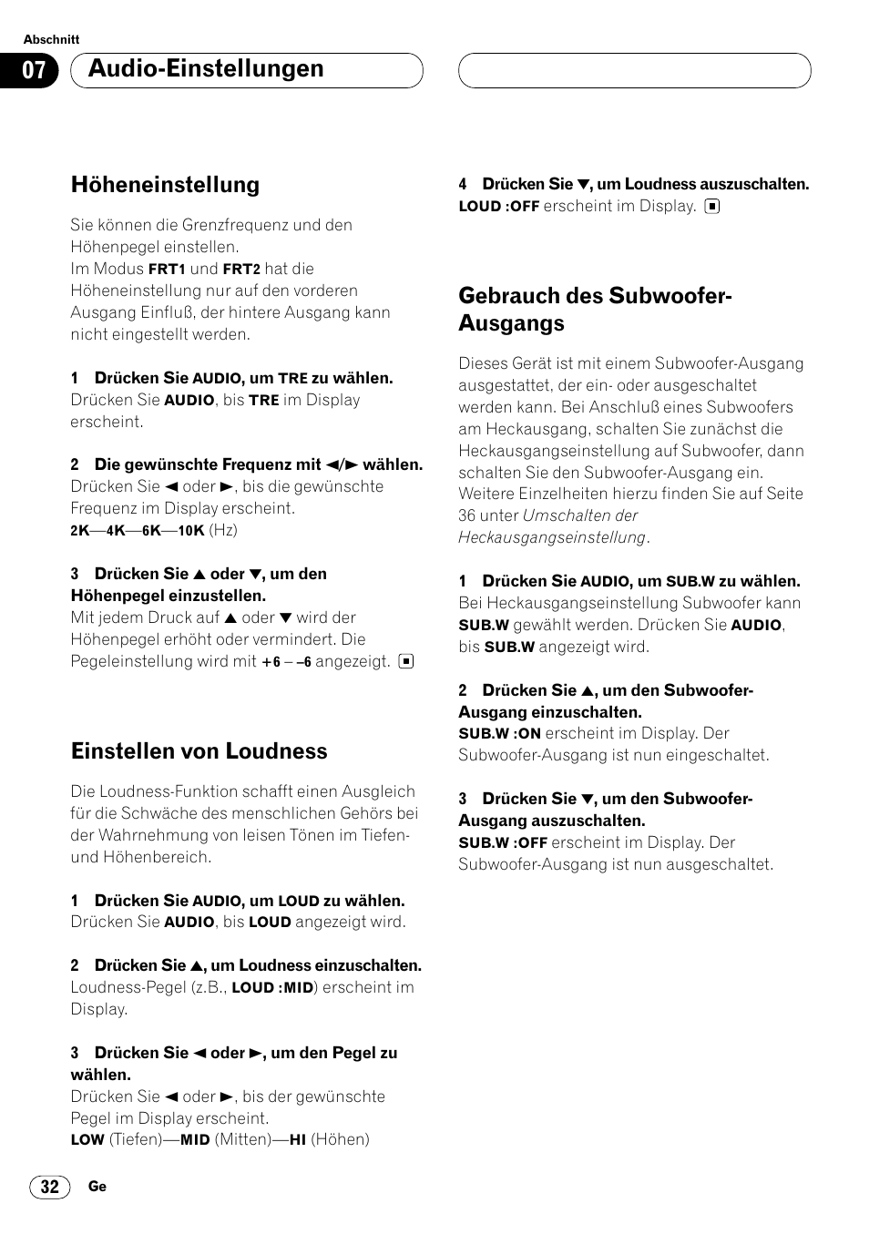 Audio-einstellungen, Höheneinstellung, Einstellen von loudness | Gebrauch des subwoofer- ausgangs | Pioneer KEH-P6020RB User Manual | Page 108 / 116