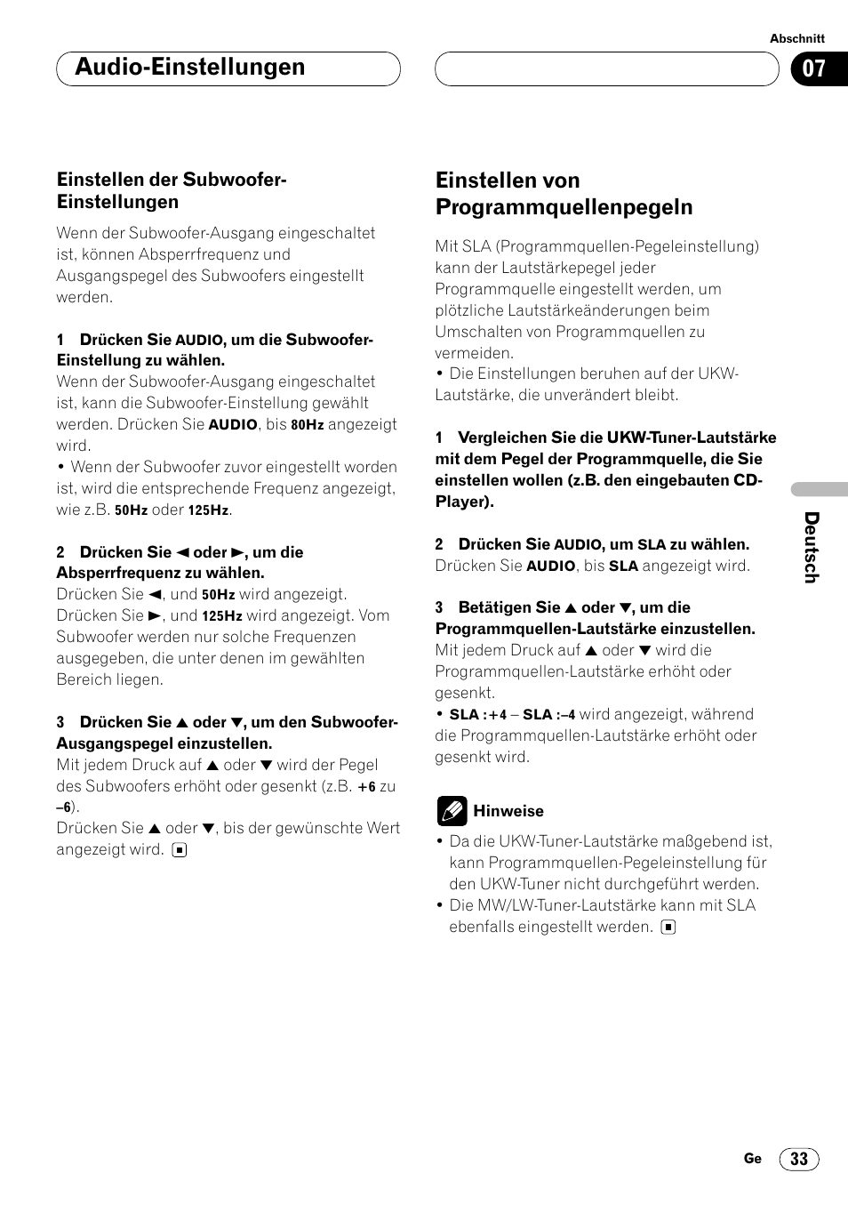 Einstellen der, Subwoofer-einstellungen 33, Einstellen von programmquellenpegeln 33 | Audio-einstellungen, Einstellen von programmquellenpegeln | Pioneer KEH-P6020RB User Manual | Page 109 / 116