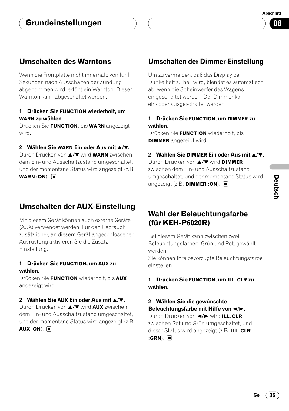 Für keh-p6020r) 35, Grundeinstellungen, Umschalten des warntons | Umschalten der aux-einstellung, Umschalten der dimmer-einstellung, Wahl der beleuchtungsfarbe (für keh-p6020r) | Pioneer KEH-P6020RB User Manual | Page 111 / 116
