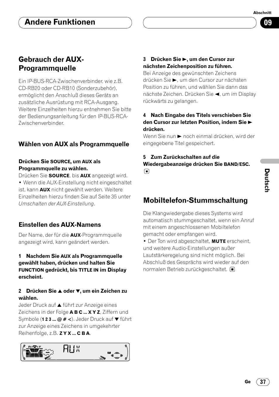 Mobiltelefon-stummschaltung 37, Andere funktionen, Gebrauch der aux- programmquelle | Mobiltelefon-stummschaltung | Pioneer KEH-P6020RB User Manual | Page 113 / 116