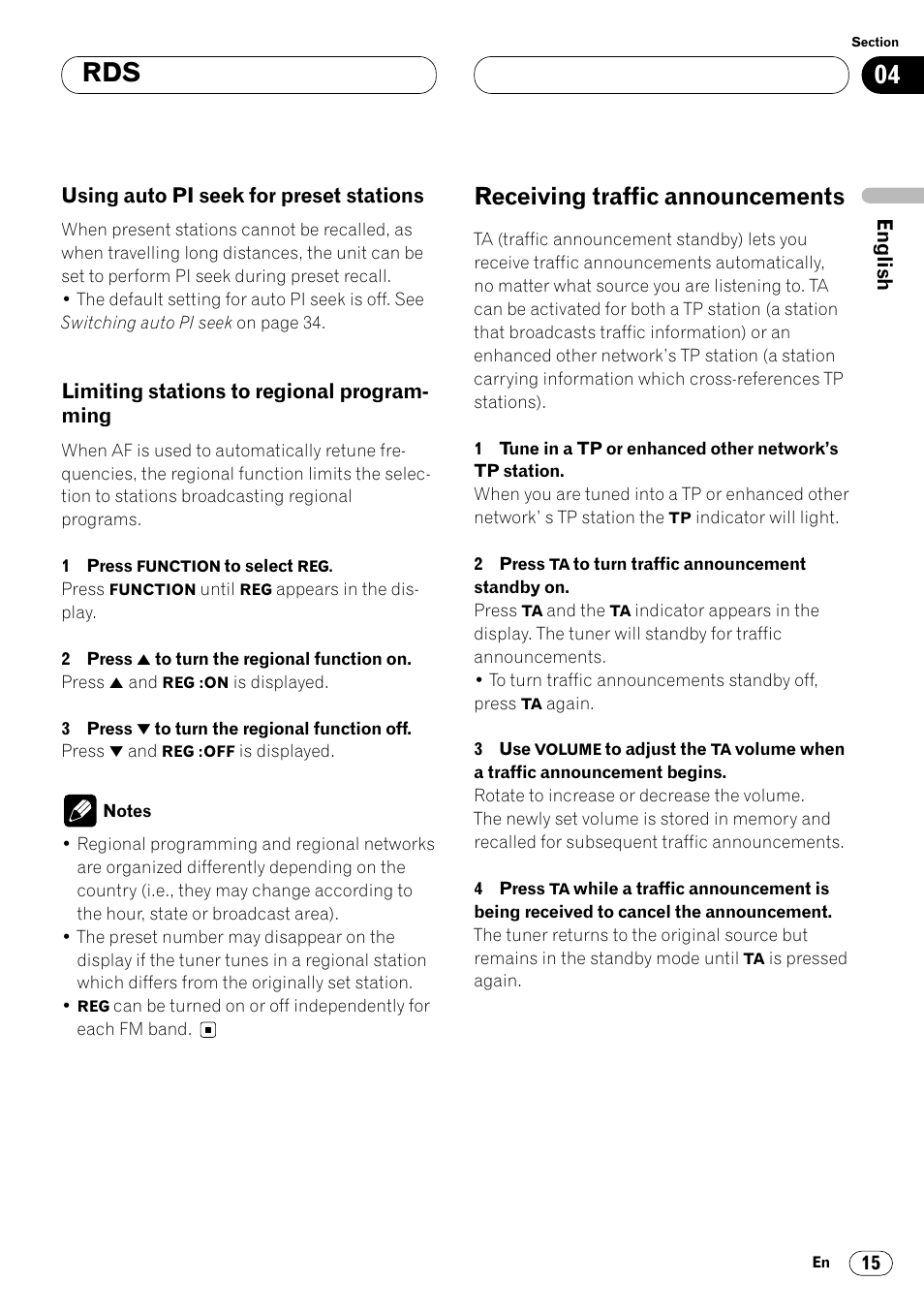 Using auto pi seek for preset, Stations 15, Limiting stations to regional program | Ming 15, Receiving traffic announcements 15, Receiving traffic announcements | Pioneer KEH-P6020RB User Manual | Page 15 / 116