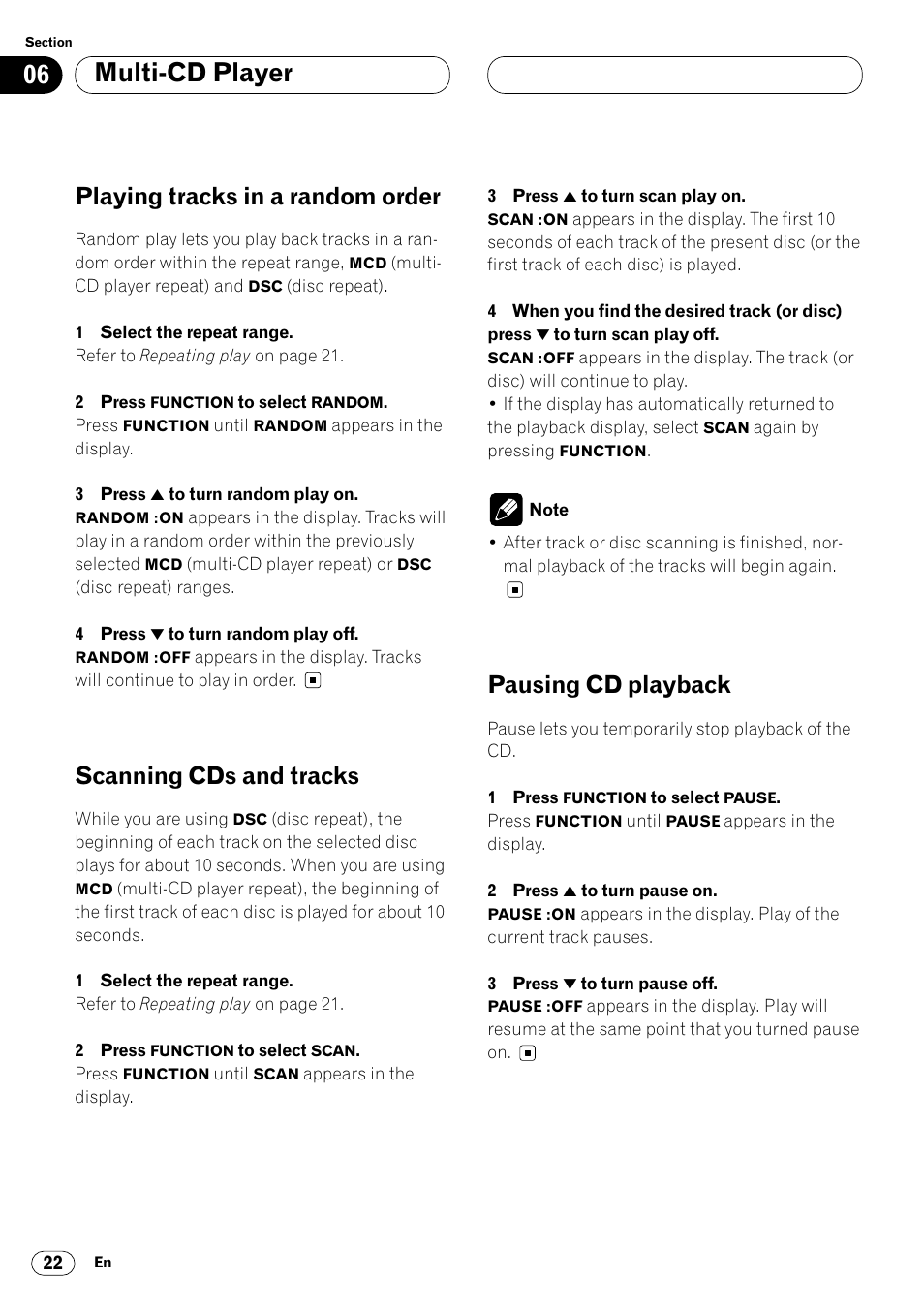 Multi-cd player, Playing tracks in a random order, Scanning cds and tracks | Pausing cd playback | Pioneer KEH-P6020RB User Manual | Page 22 / 116