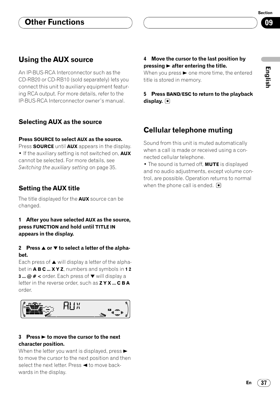 Other functions using the aux source 37, Cellular telephone muting 37, Other functions | Using the aux source, Cellular telephone muting | Pioneer KEH-P6020RB User Manual | Page 37 / 116
