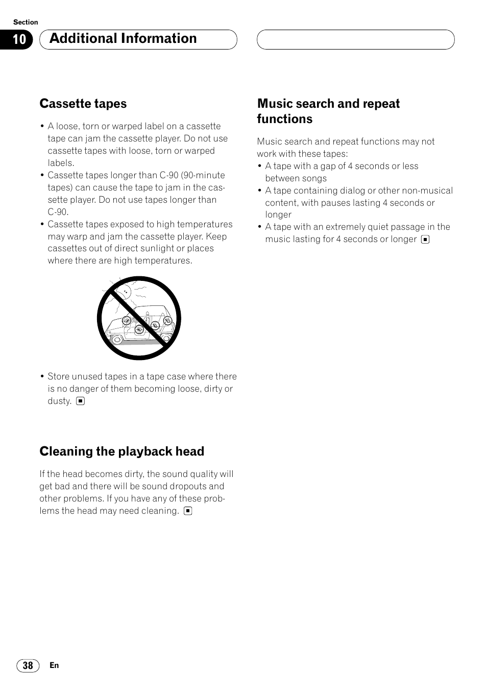 Additional information, Cassette tapes, Cleaning the playback head | Music search and repeat functions | Pioneer KEH-P6020RB User Manual | Page 38 / 116