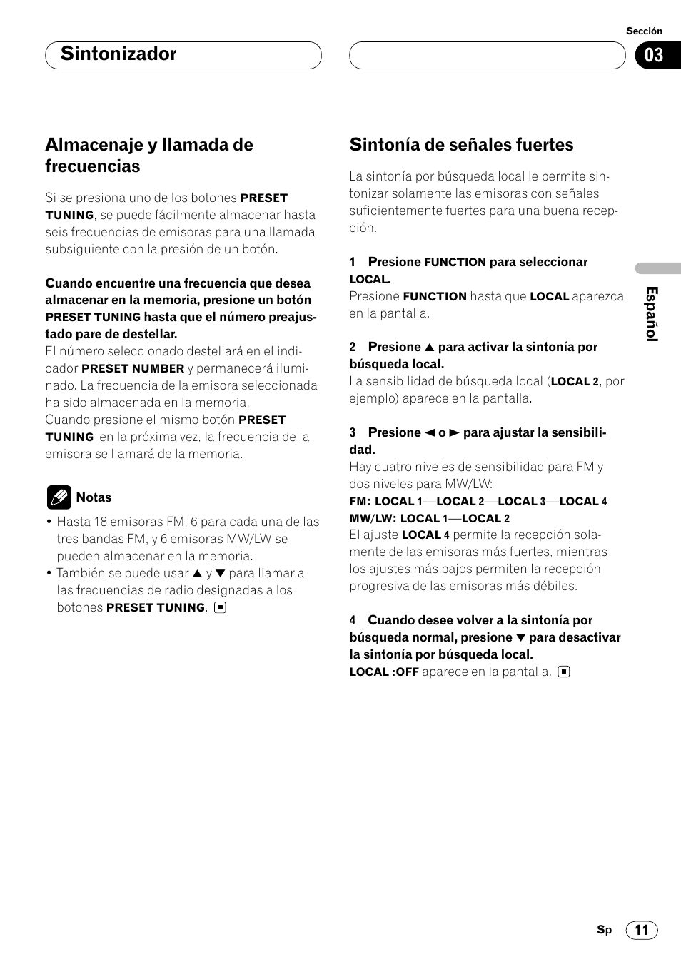 Sintonizador, Almacenaje y llamada de frecuencias, Sintonía de señales fuertes | Pioneer KEH-P6020RB User Manual | Page 49 / 116
