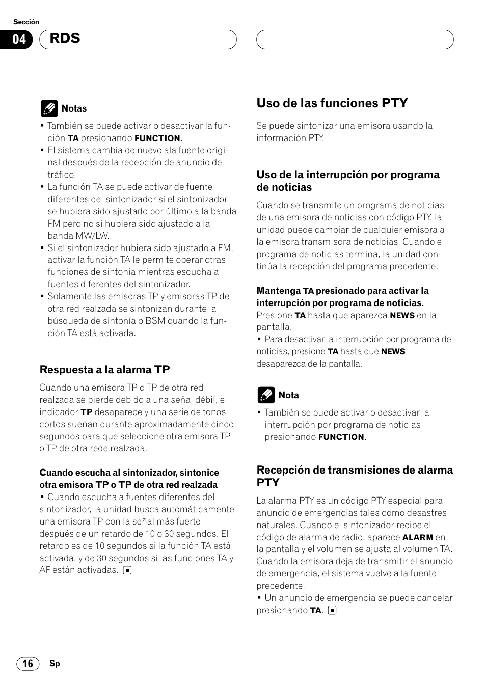 Respuesta a la alarma tp 16, Uso de las funciones pty 16, Uso de la interrupción por programa de | Noticias 16, Recepción de transmisiones de alarma, Pty 16, Uso de las funciones pty | Pioneer KEH-P6020RB User Manual | Page 54 / 116