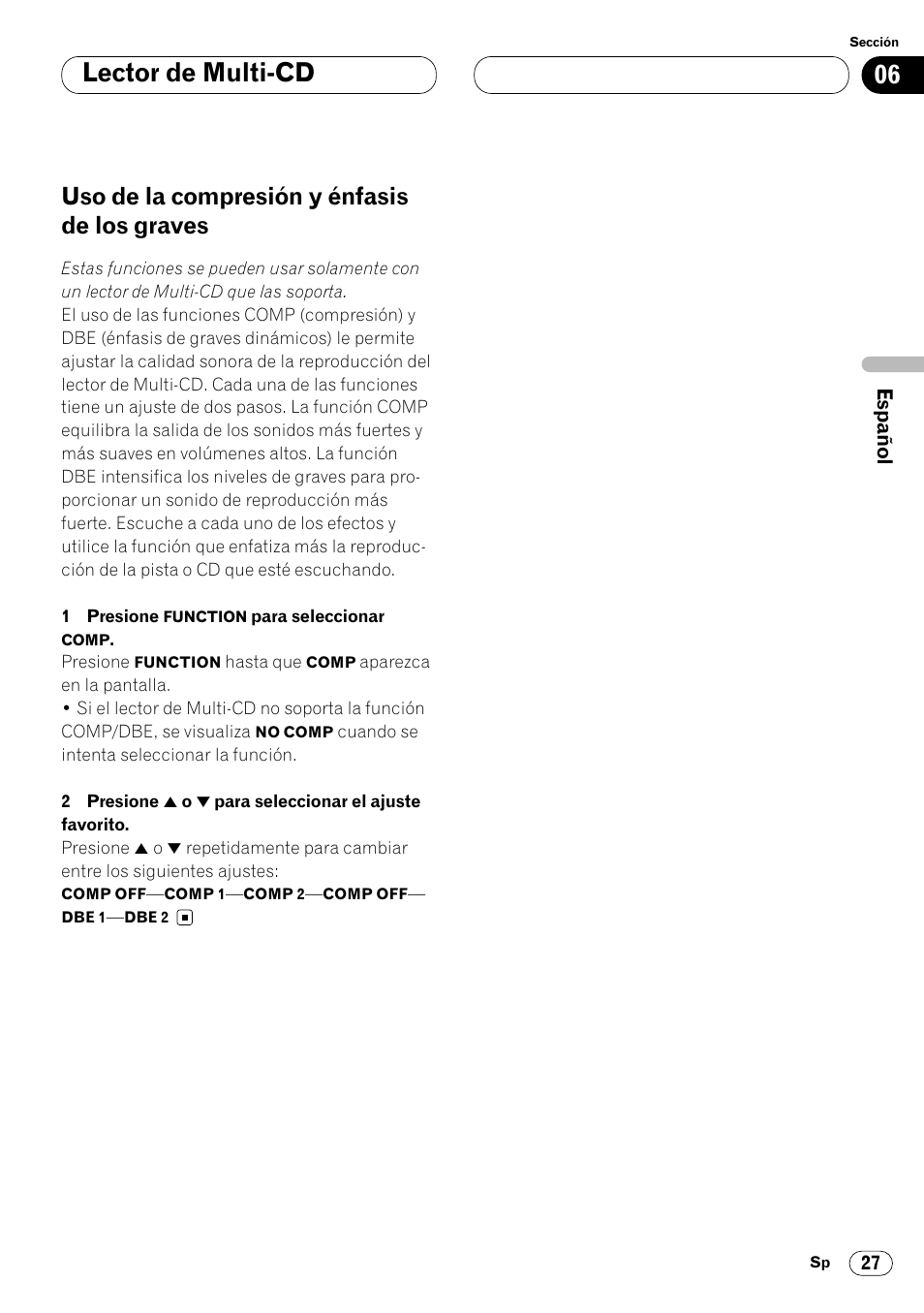 Uso de la compresión y énfasis de los, Graves 27, Lector de multi-cd | Uso de la compresión y énfasis de los graves | Pioneer KEH-P6020RB User Manual | Page 65 / 116