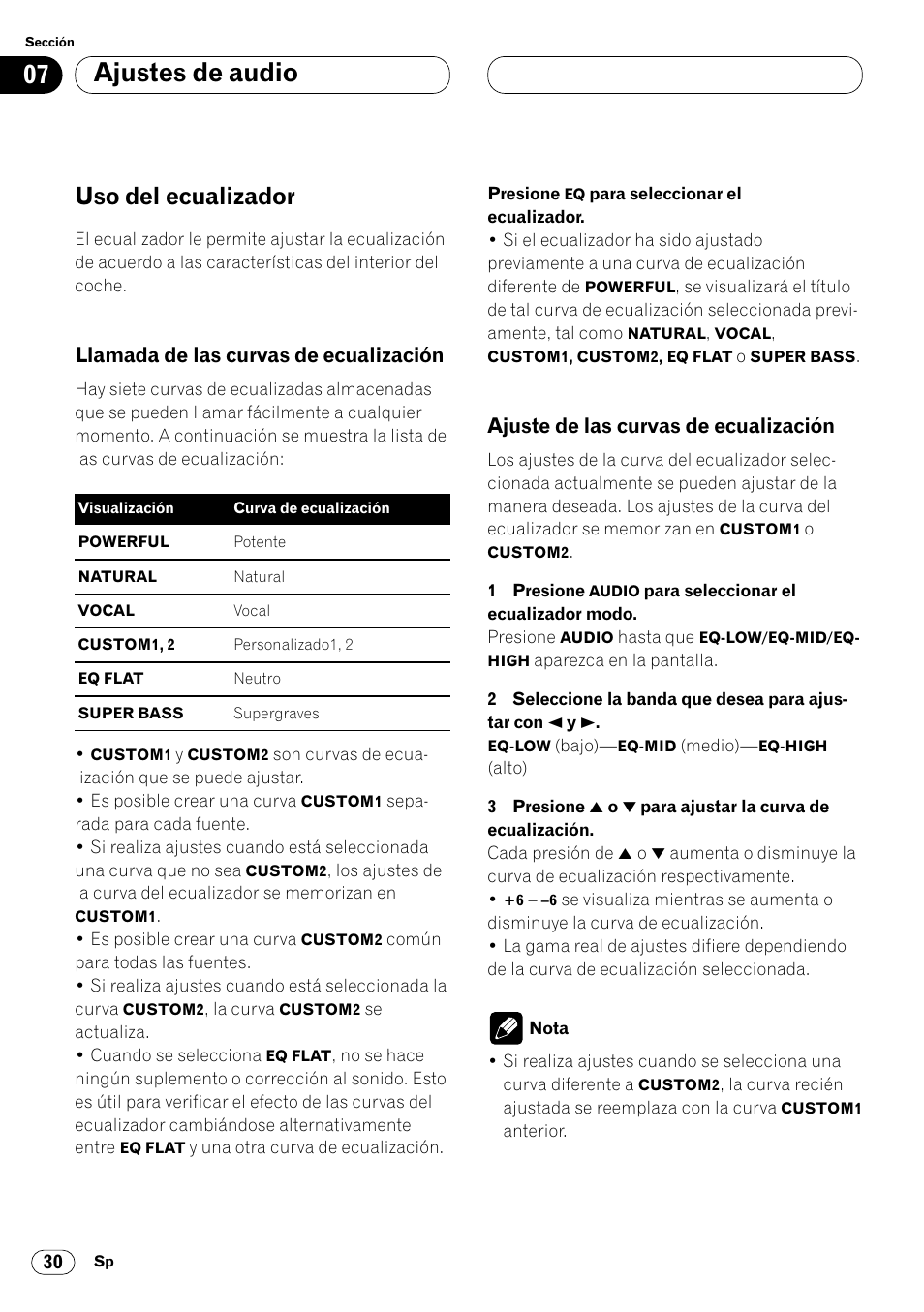 Uso del ecualizador 30, Llamada de las curvas de, Ecualización 30 | Ajuste de las curvas de ecualización 30, Ajustes de audio, Uso del ecualizador, Llamada de las curvas de ecualización, Ajuste de las curvas de ecualización | Pioneer KEH-P6020RB User Manual | Page 68 / 116