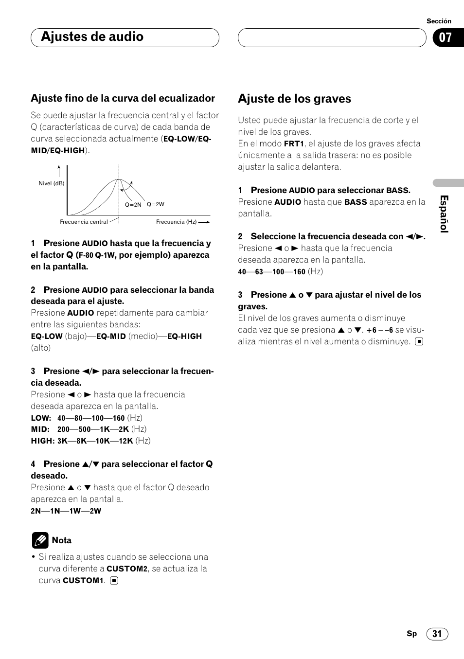 Ajuste fino de la curva del, Ecualizador 31, Ajuste de los graves 31 | Ajustes de audio, Ajuste de los graves, Ajuste fino de la curva del ecualizador | Pioneer KEH-P6020RB User Manual | Page 69 / 116