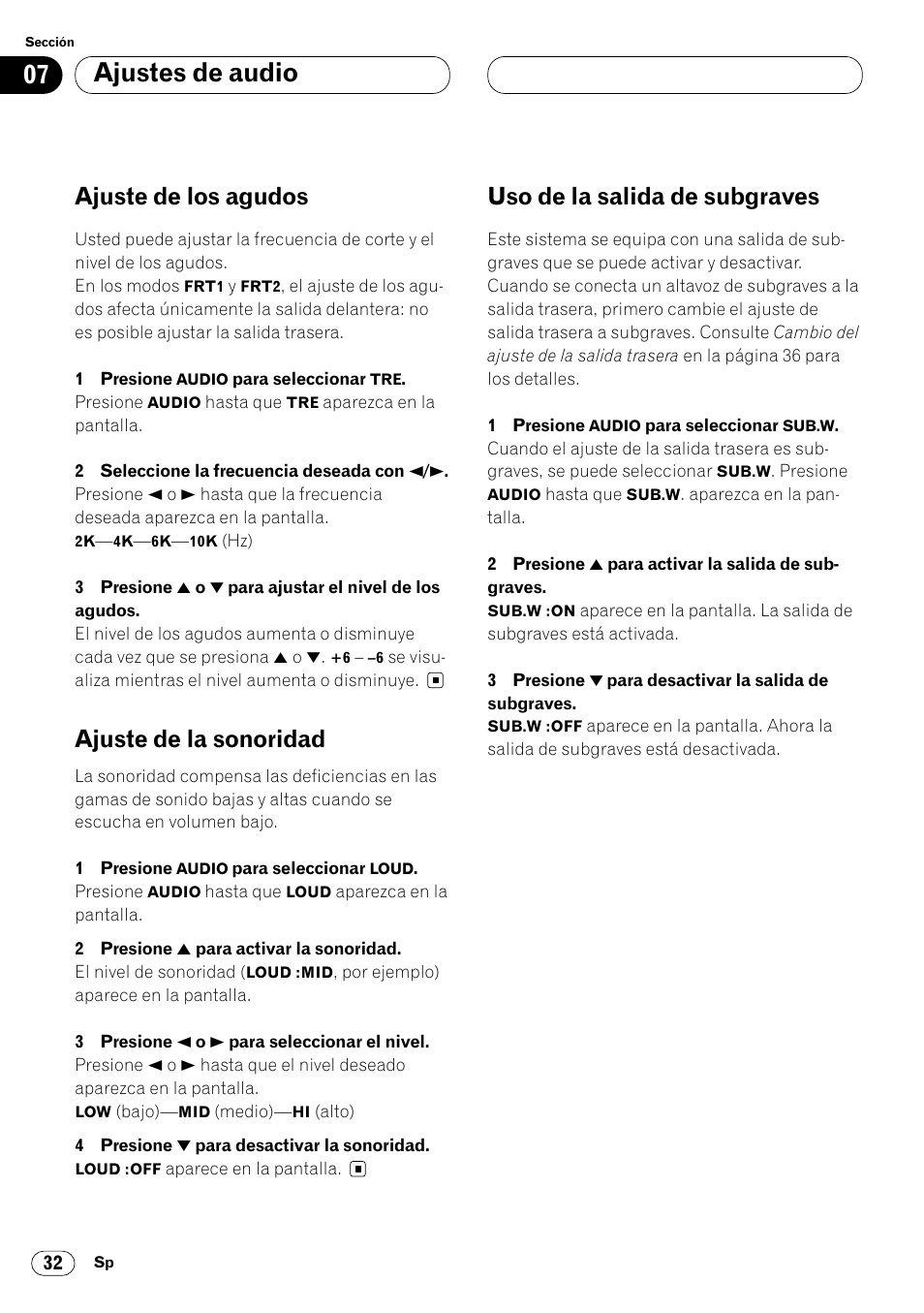 Ajustes de audio, Ajuste de los agudos, Ajuste de la sonoridad | Uso de la salida de subgraves | Pioneer KEH-P6020RB User Manual | Page 70 / 116