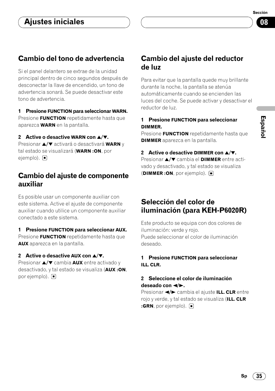 Auxiliar 35, Para keh-p6020r) 35, Ajustes iniciales | Cambio del tono de advertencia, Cambio del ajuste de componente auxiliar, Cambio del ajuste del reductor de luz | Pioneer KEH-P6020RB User Manual | Page 73 / 116
