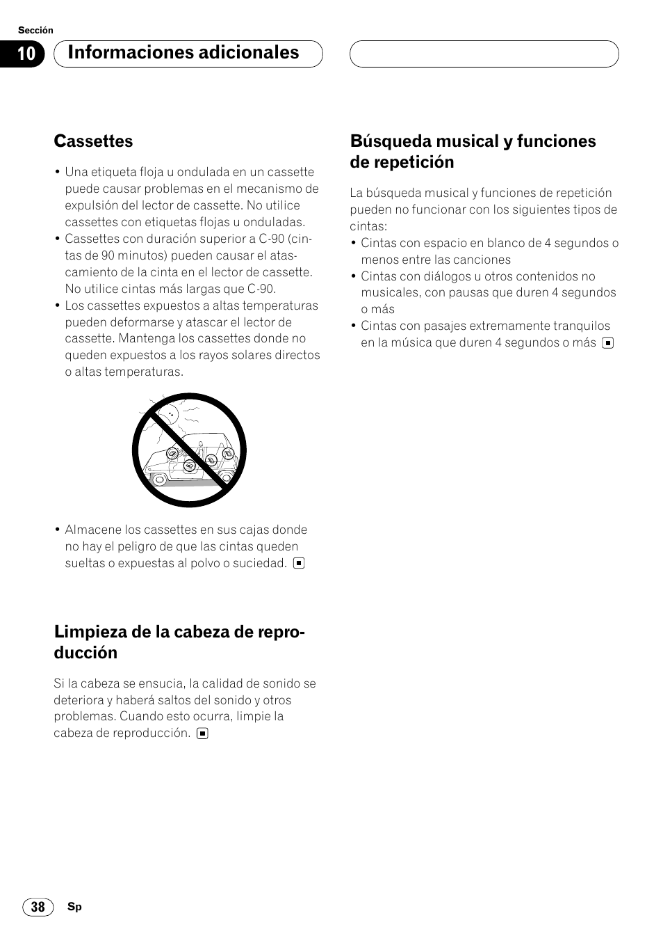 Repetición 38, Informaciones adicionales, Cassettes | Limpieza de la cabeza de repro- ducción, Búsqueda musical y funciones de repetición | Pioneer KEH-P6020RB User Manual | Page 76 / 116