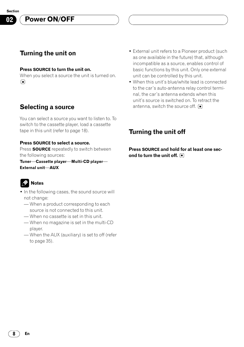 Power on/off, Turning the unit on, Selecting a source | Turning the unit off | Pioneer KEH-P6020RB User Manual | Page 8 / 116