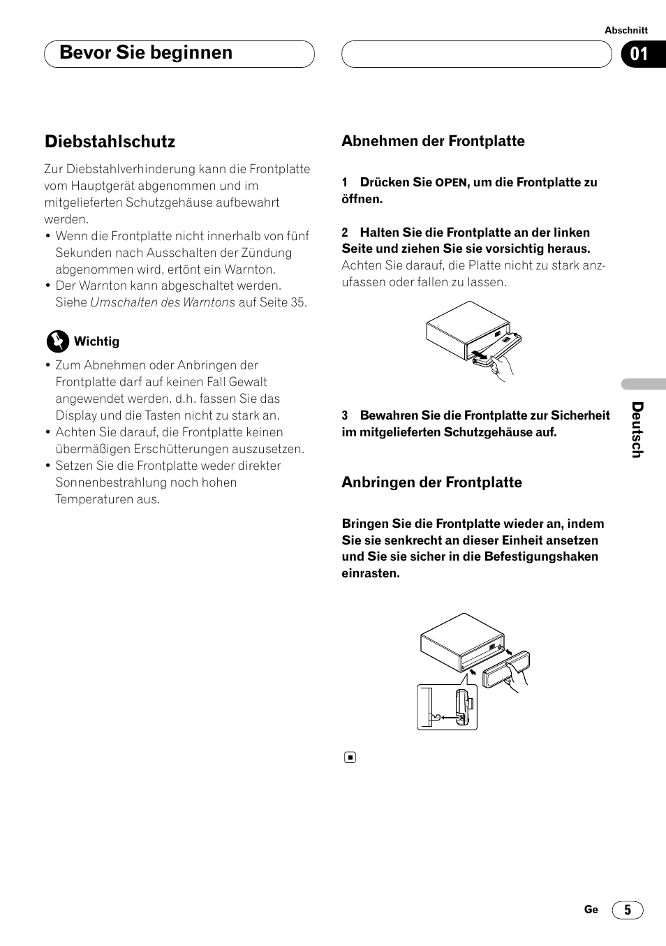 Diebstahlschutz 5, Bevor sie beginnen, Diebstahlschutz | Pioneer KEH-P6020RB User Manual | Page 81 / 116