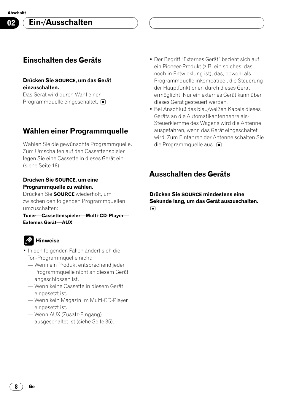 Ein-/ausschalten, Einschalten des geräts, Wählen einer programmquelle | Ausschalten des geräts | Pioneer KEH-P6020RB User Manual | Page 84 / 116
