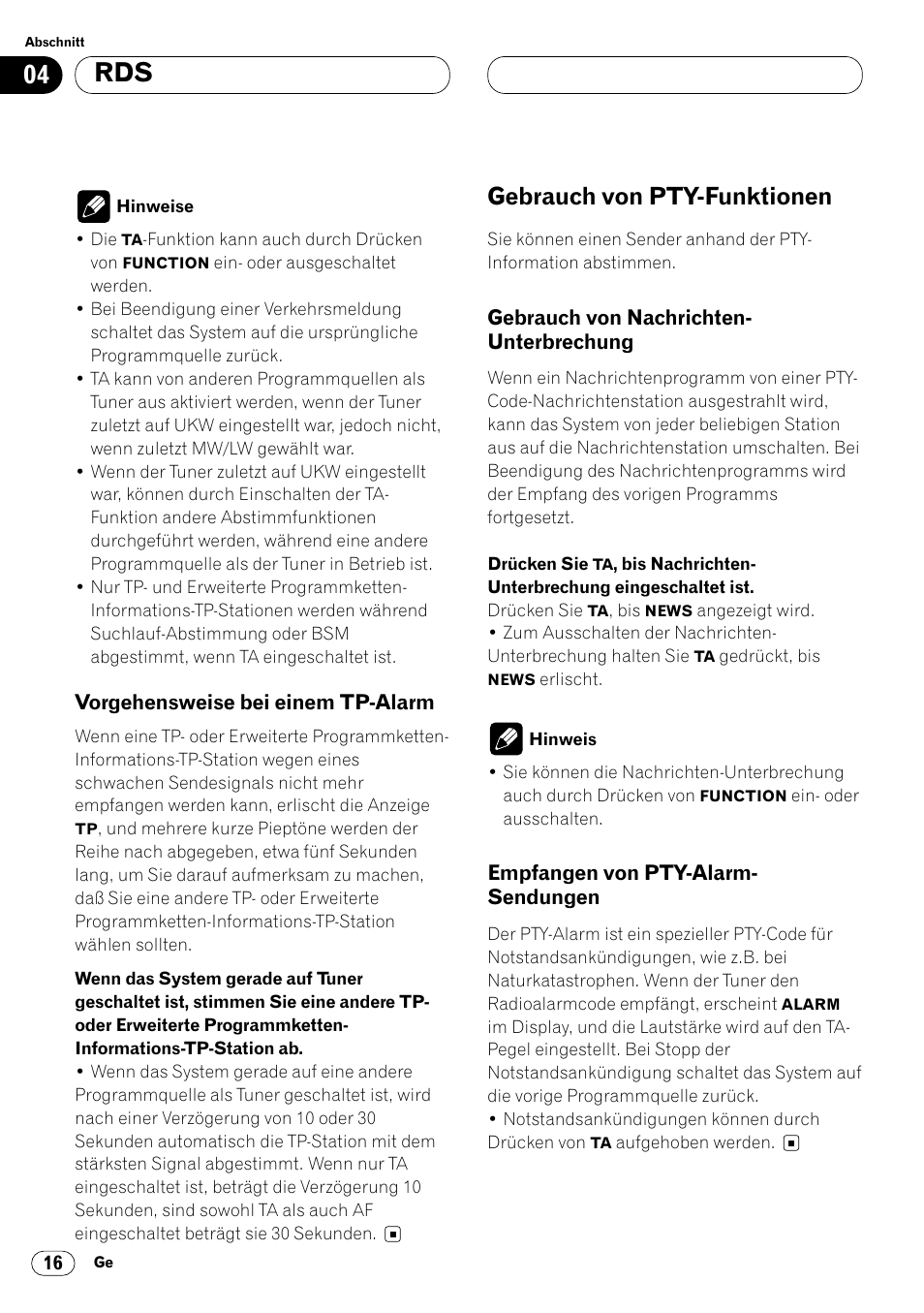 Vorgehensweise bei einem tp-alarm 16, Gebrauch von pty-funktionen 16, Gebrauch von nachrichten | Unterbrechung 16, Empfangen von pty-alarm-sendungen 16, Gebrauch von pty-funktionen | Pioneer KEH-P6020RB User Manual | Page 92 / 116