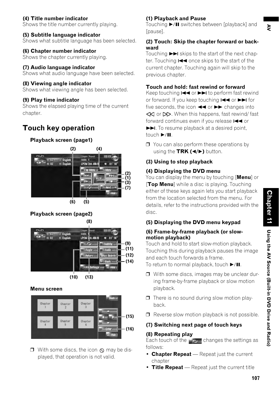 Touch key operation 107, Touch key operation, Cha pt er 11 | Pioneer AVIC-Z1 User Manual | Page 109 / 207