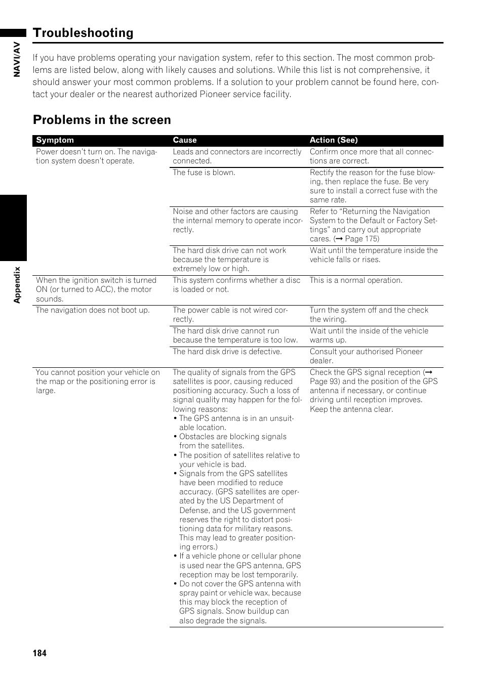 Troubleshooting 184, Problems in the screen 184, Troubleshooting | Problems in the screen | Pioneer AVIC-Z1 User Manual | Page 186 / 207
