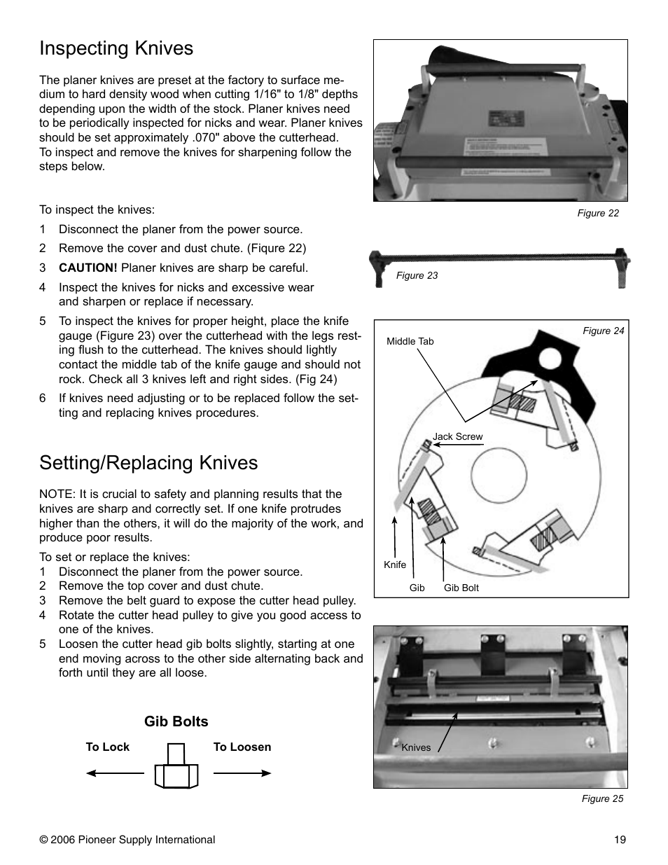 Inspecting knives, Setting/replacing knives, Gib bolts | Pioneer PNR 14-150 User Manual | Page 19 / 31