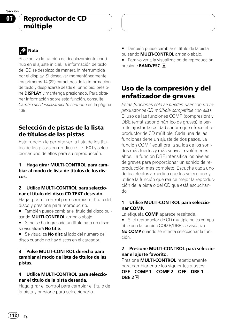 Selección de pistas de la lista de, Títulos de las pistas 112, Uso de la compresión y del enfatizador de | Graves 112, Uso de la compresión y del enfatizador de graves, Reproductor de cd múltiple | Pioneer SUPER TUNERIII DEH-P8650MP User Manual | Page 112 / 154