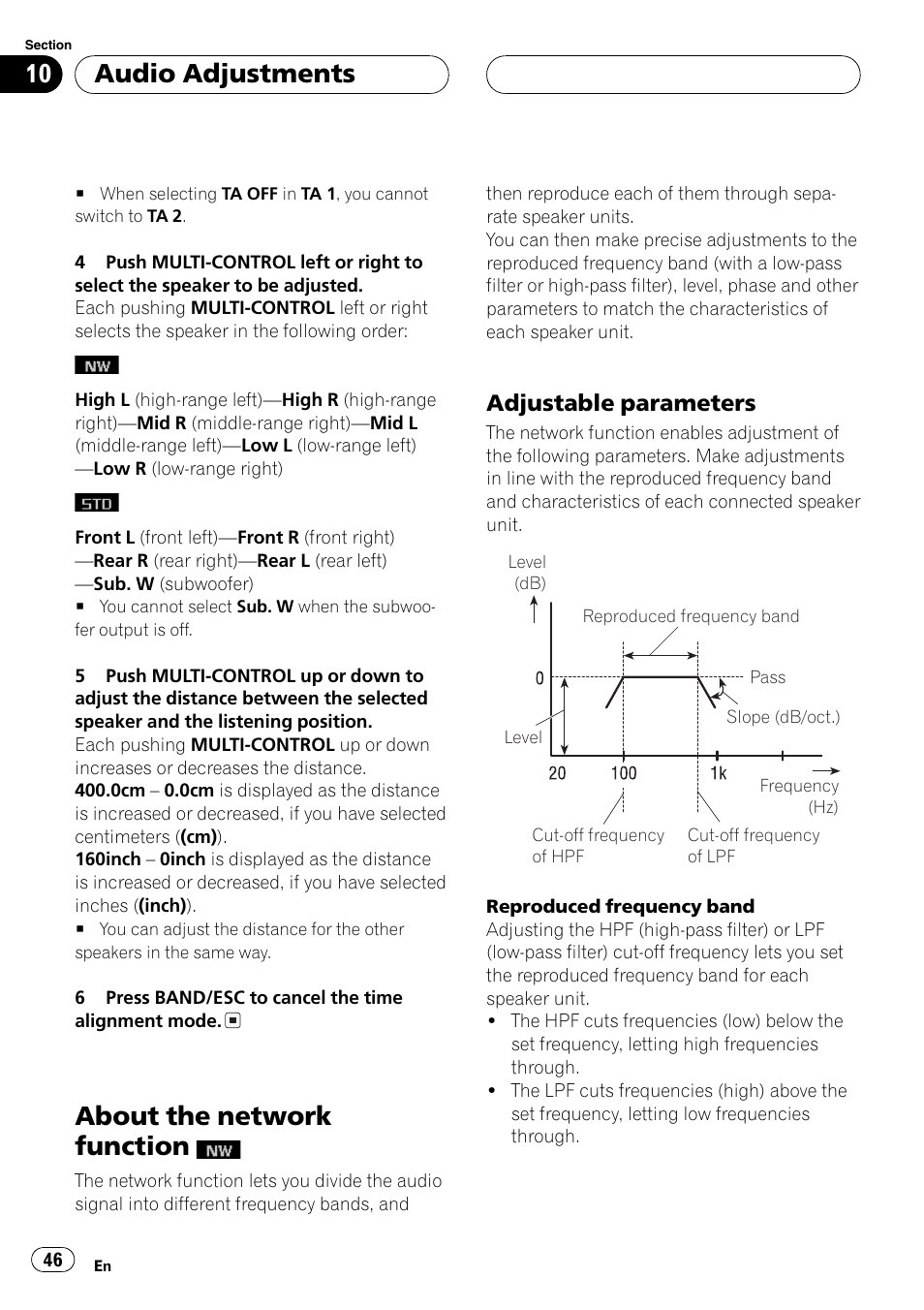 About the network function, Adjustable parameters 46, Audio adjustments | Adjustable parameters | Pioneer SUPER TUNERIII DEH-P8650MP User Manual | Page 46 / 154