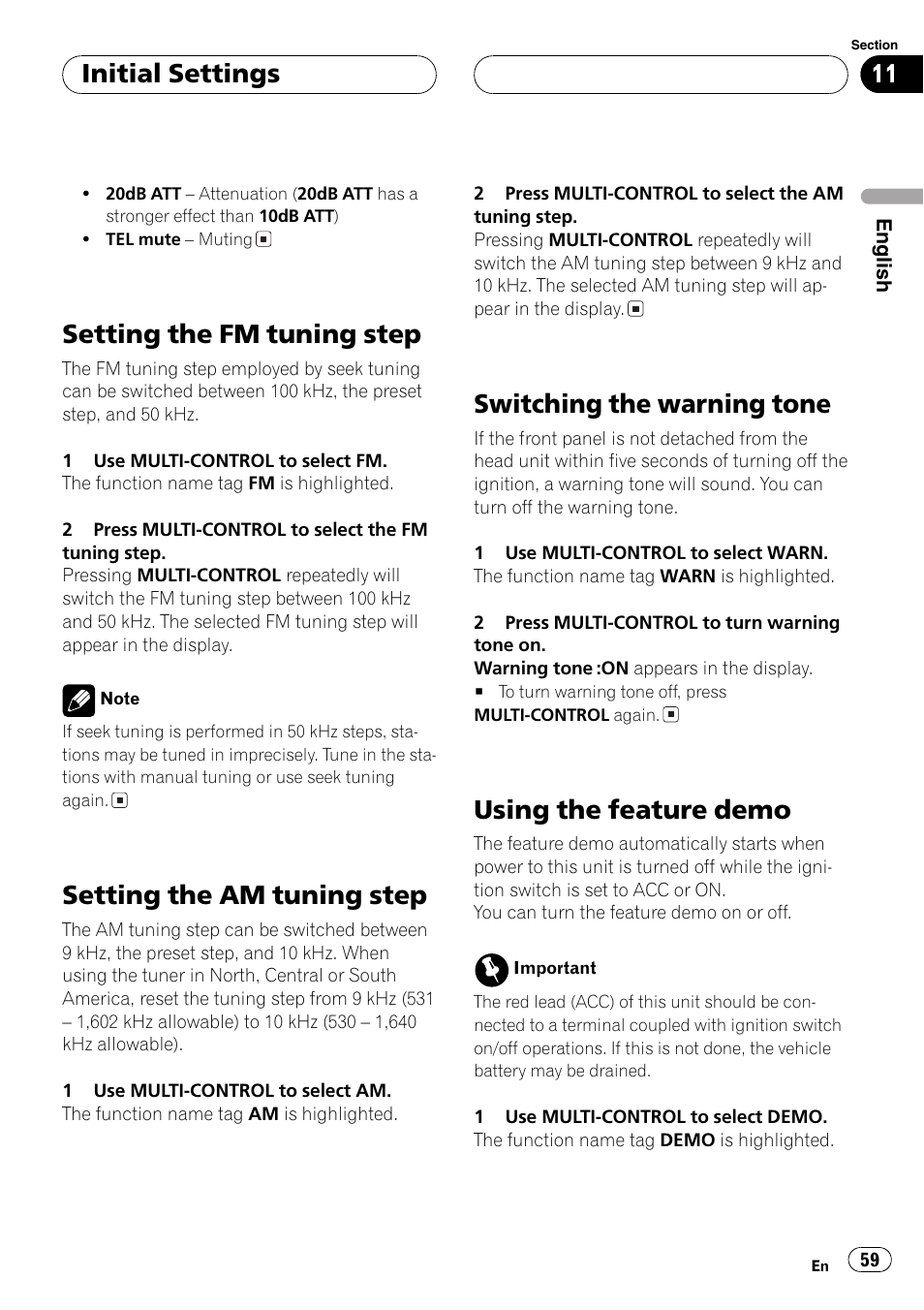 Settingthe fm tuningstep, Settingthe am tuningstep, Switchingthe warningtone | Usingthe feature demo, Initial settings | Pioneer SUPER TUNERIII DEH-P8650MP User Manual | Page 59 / 154
