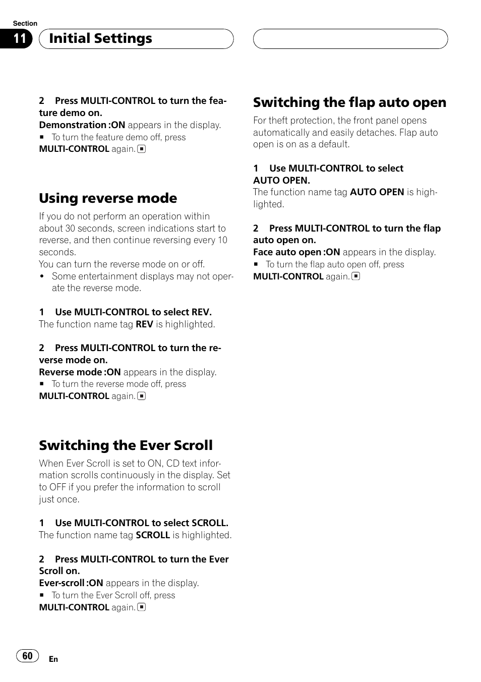 Using reverse mode 60, Usingreverse mode, Switchingthe ever scroll | Switchingthe flap auto open, Initial settings | Pioneer SUPER TUNERIII DEH-P8650MP User Manual | Page 60 / 154