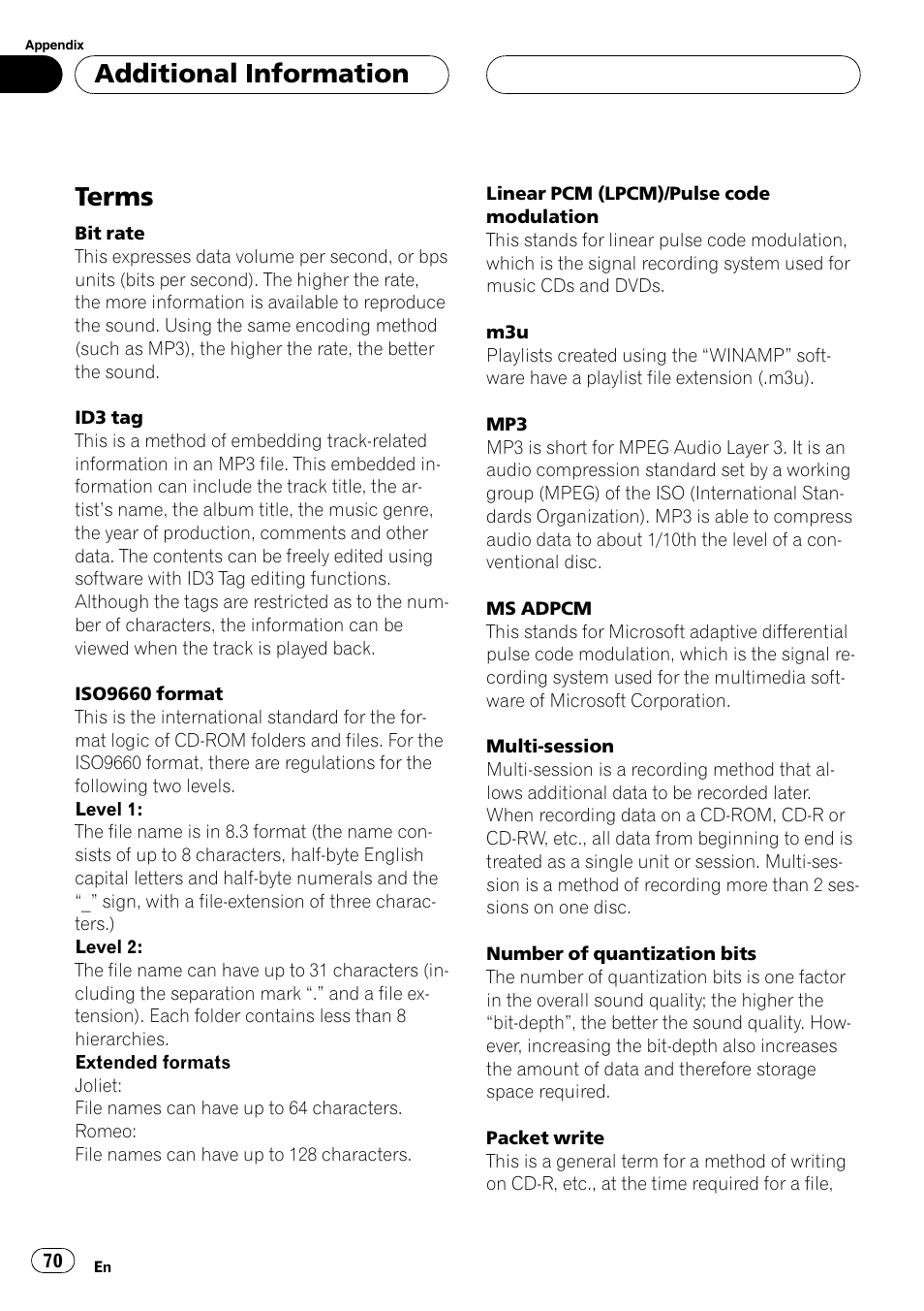Terms 70, Terms, Additional information | Pioneer SUPER TUNERIII DEH-P8650MP User Manual | Page 70 / 154