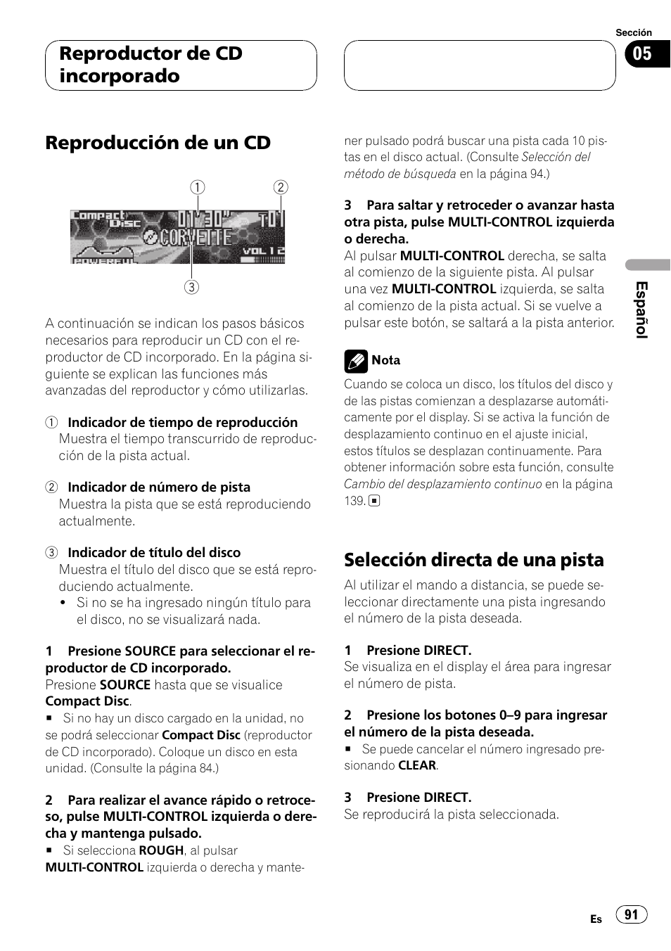 Reproductor de cdincorporado, Reproducción de un cd 91, Selección directa de una pista 91 | Reproducción de un cd, Selección directa de una pista, Reproductor de cd incorporado | Pioneer SUPER TUNERIII DEH-P8650MP User Manual | Page 91 / 154
