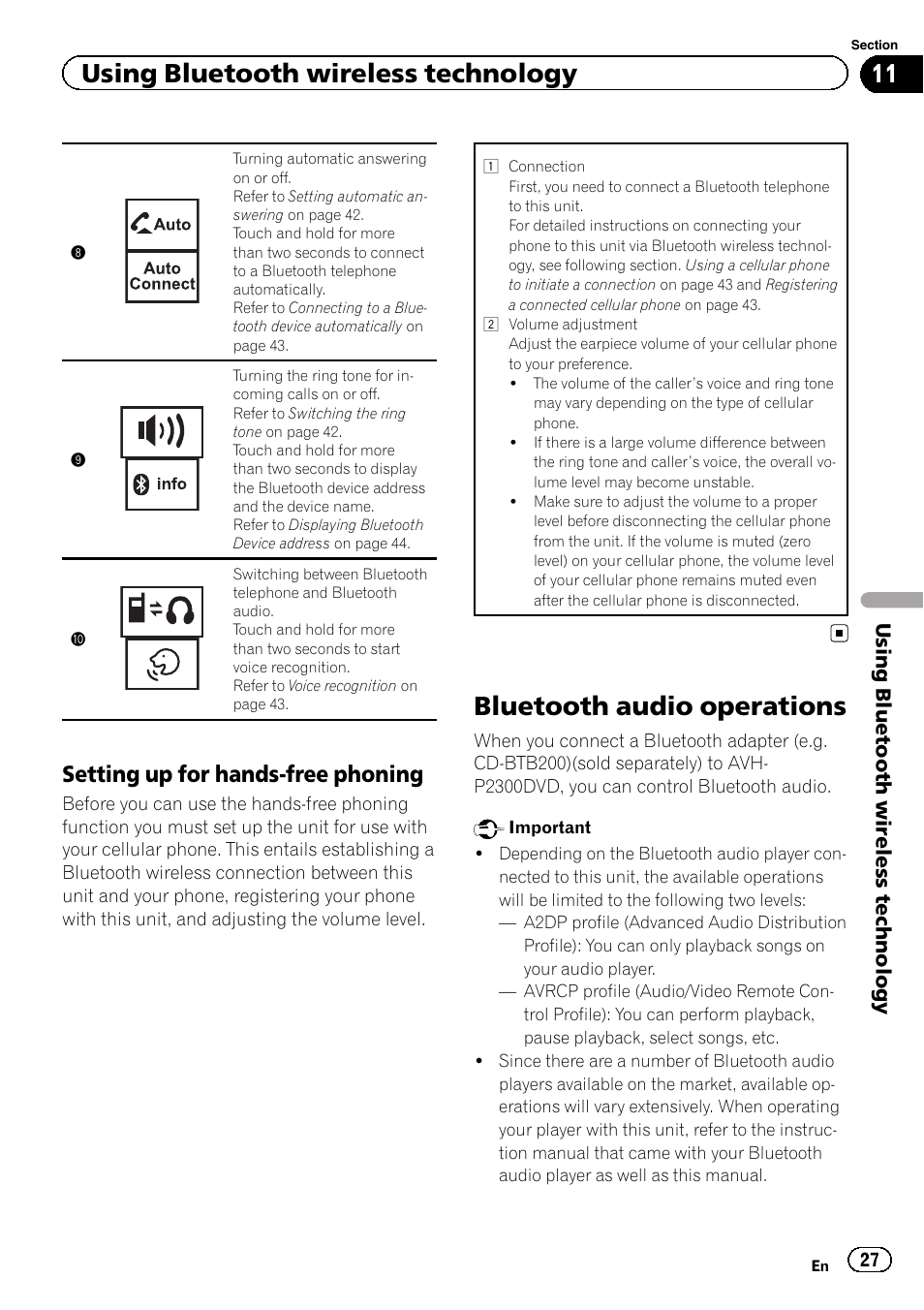 Bluetooth audio operations, Using bluetooth wireless technology, Setting up for hands-free phoning | Pioneer AVH-P2300DVD User Manual | Page 27 / 88