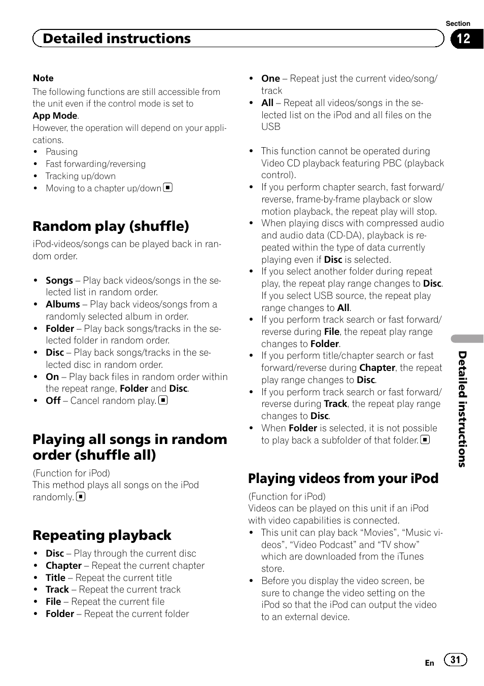 Random play (shuffle), Playing all songs in random order (shuffle, All) | Repeating playback, Playing videos from your ipod, Playing all songs in random order (shuffle all), Detailed instructions | Pioneer AVH-P2300DVD User Manual | Page 31 / 88