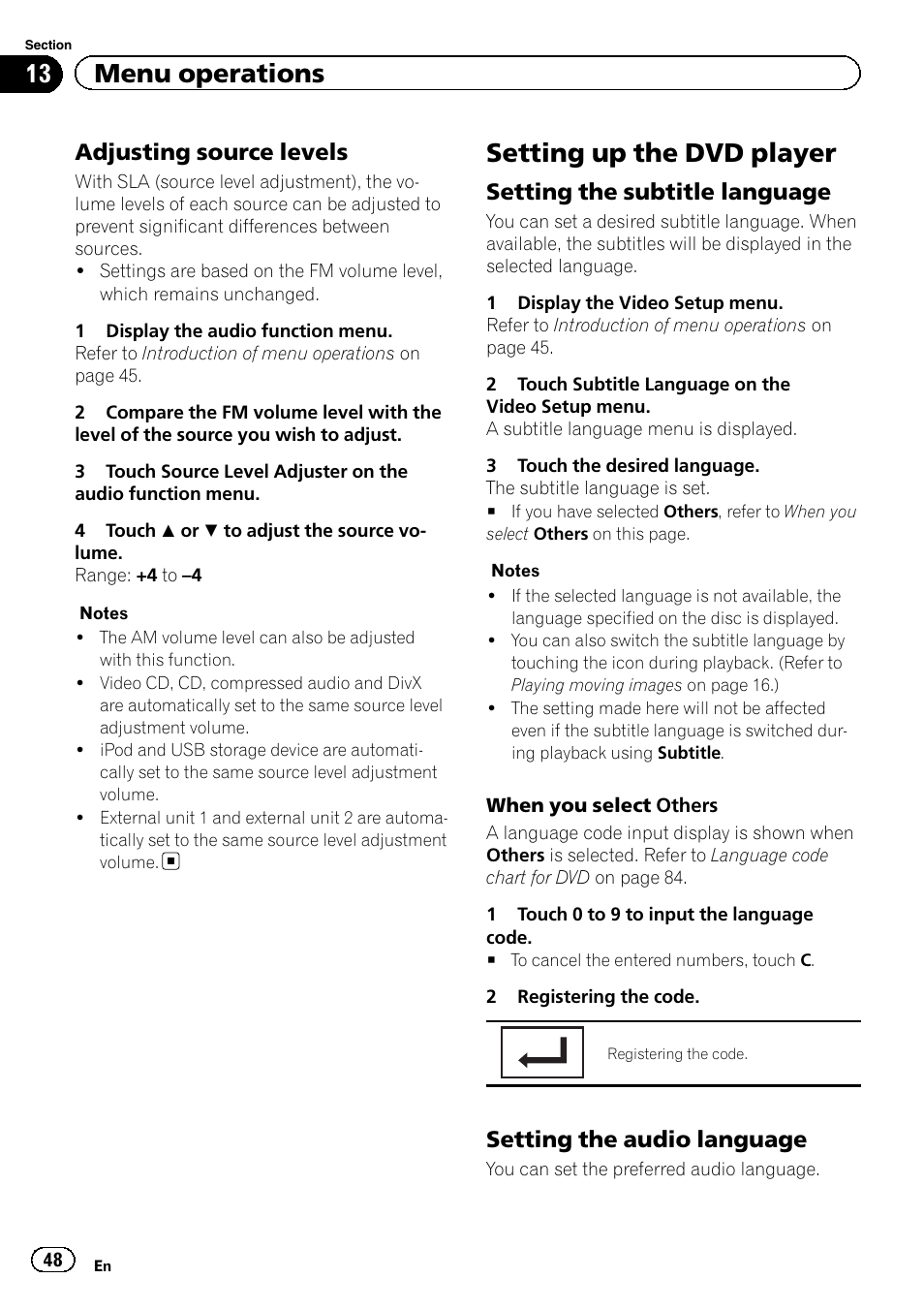 Setting up the dvd player, 13 menu operations, Adjusting source levels | Setting the subtitle language, Setting the audio language | Pioneer AVH-P2300DVD User Manual | Page 48 / 88