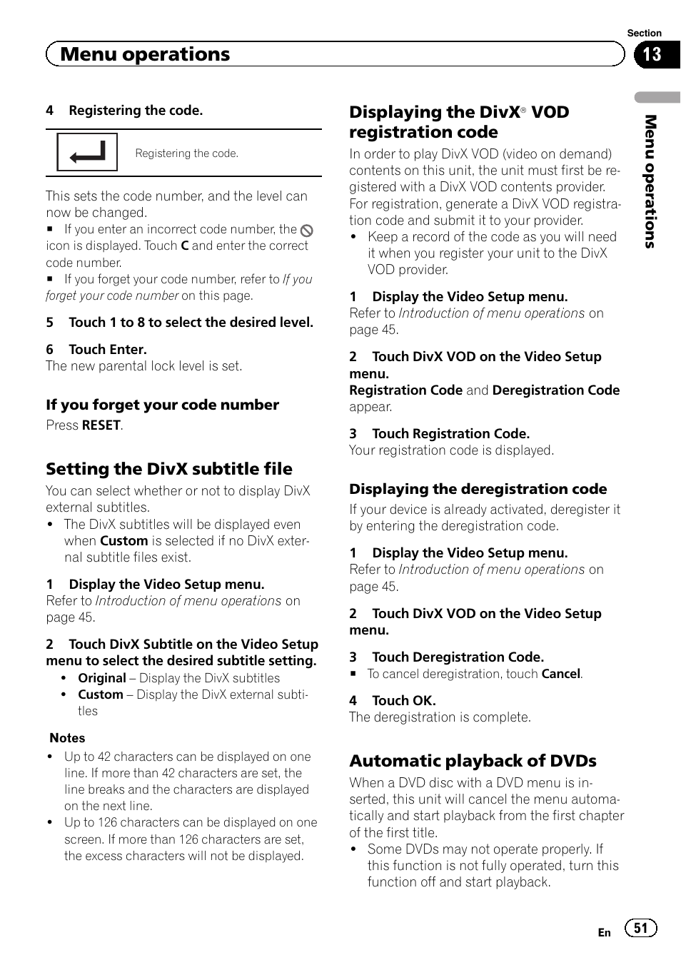 Displaying the divx, Menu operations, Setting the divx subtitle file | Vod registration code, Automatic playback of dvds | Pioneer AVH-P2300DVD User Manual | Page 51 / 88