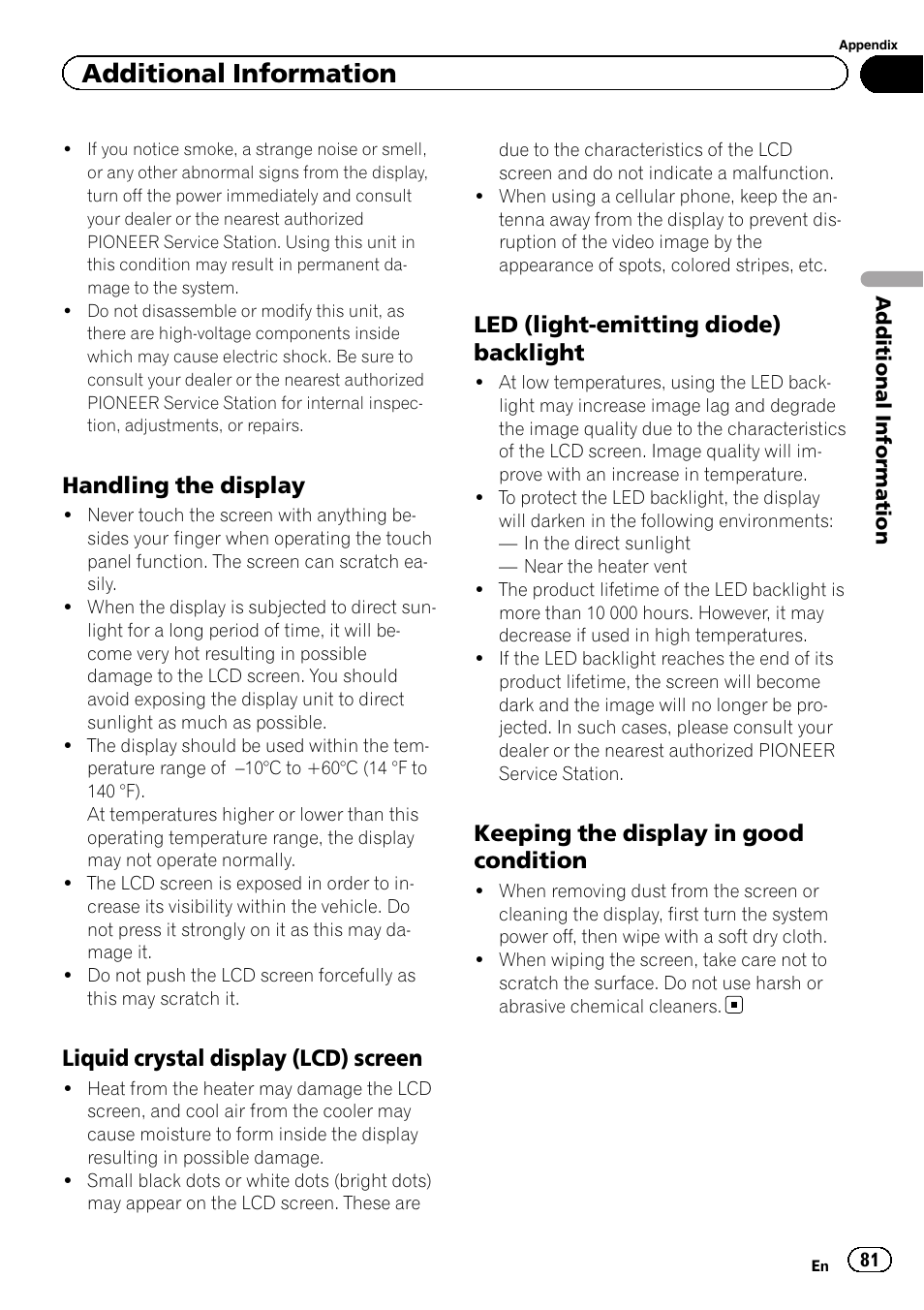 Additional information, Handling the display, Liquid crystal display (lcd) screen | Led (light-emitting diode) backlight, Keeping the display in good condition | Pioneer AVH-P2300DVD User Manual | Page 81 / 88