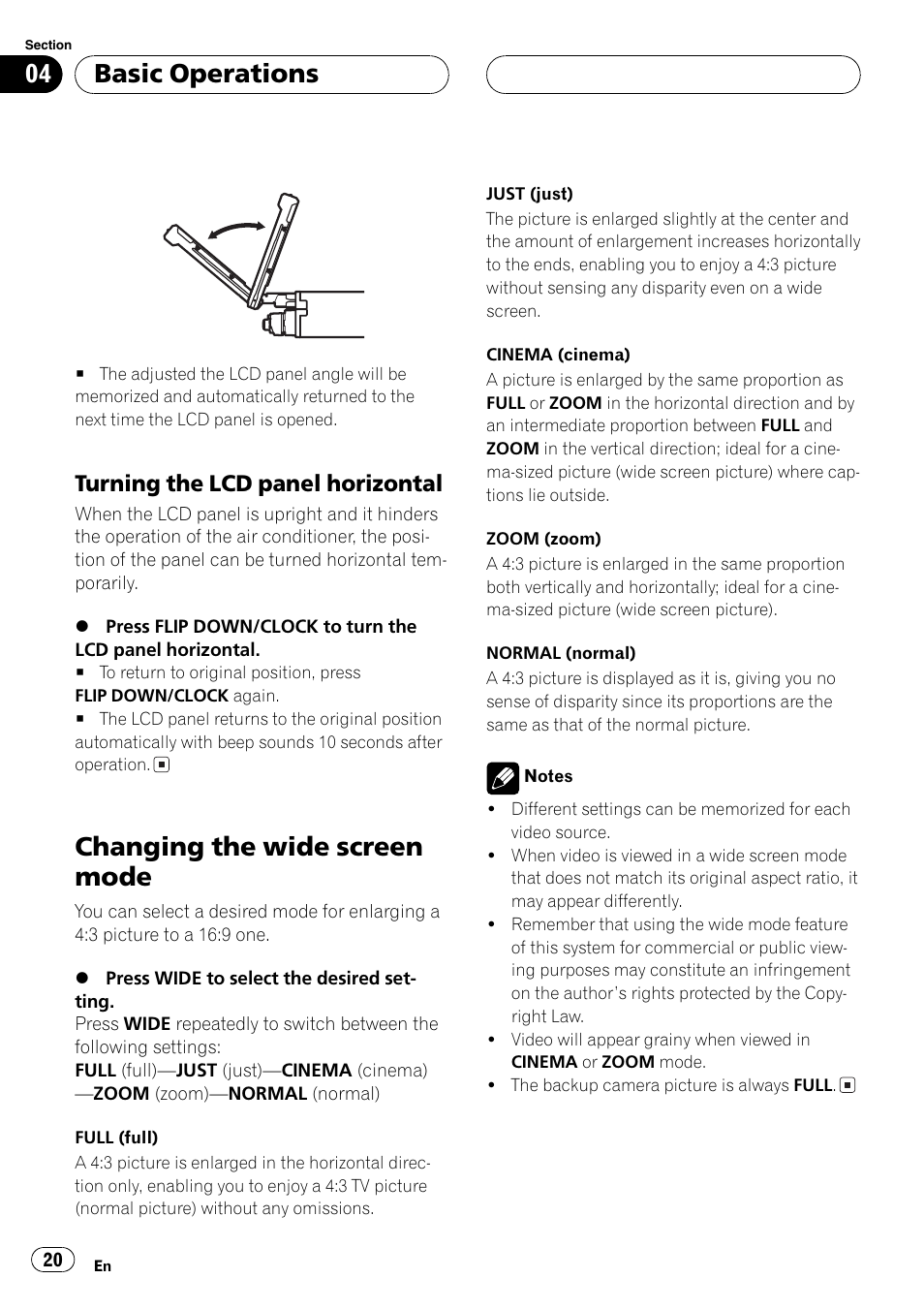 Changing the wide screen mode 20, Changing the wide screen mode, Basic operations | Turning the lcd panelhorizontal | Pioneer Super Tuner III D AVH-P6550DVD User Manual | Page 20 / 96