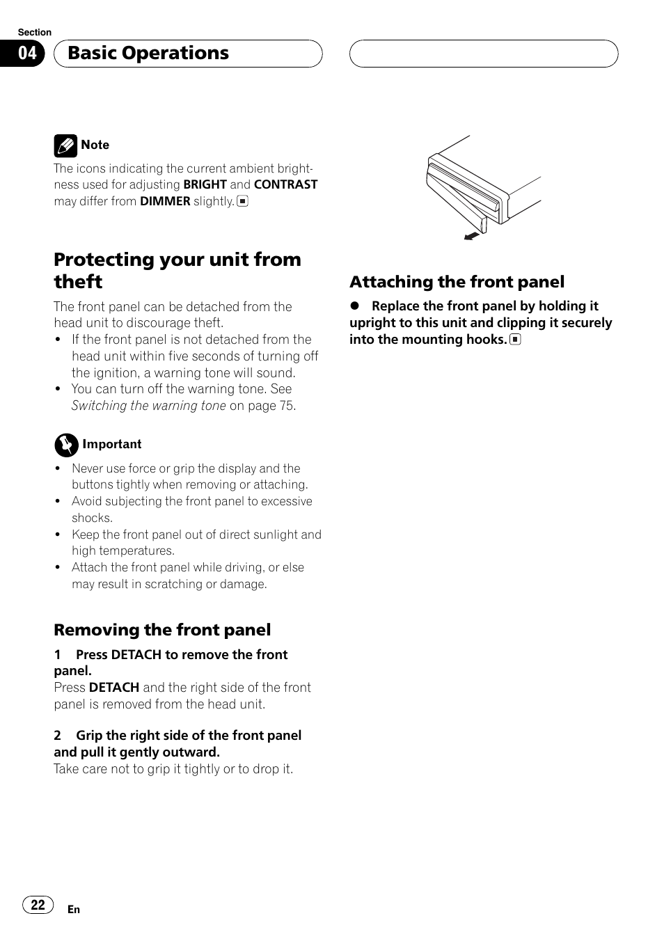 Protecting your unit from theft 22, Protecting your unit from theft, Basic operations | Removing the front panel, Attaching the front panel | Pioneer Super Tuner III D AVH-P6550DVD User Manual | Page 22 / 96