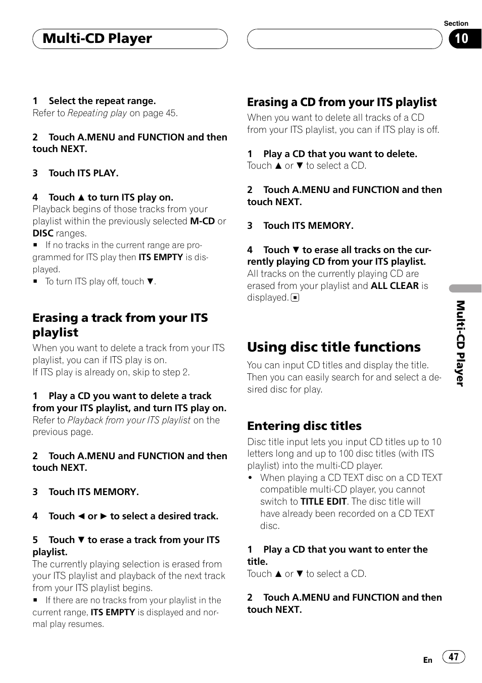 Using disc title functions 47, Using disc title functions, Multi-cd player | Erasing a track from your its playlist, Erasing a cd from your its playlist, Entering disc titles | Pioneer Super Tuner III D AVH-P6550DVD User Manual | Page 47 / 96