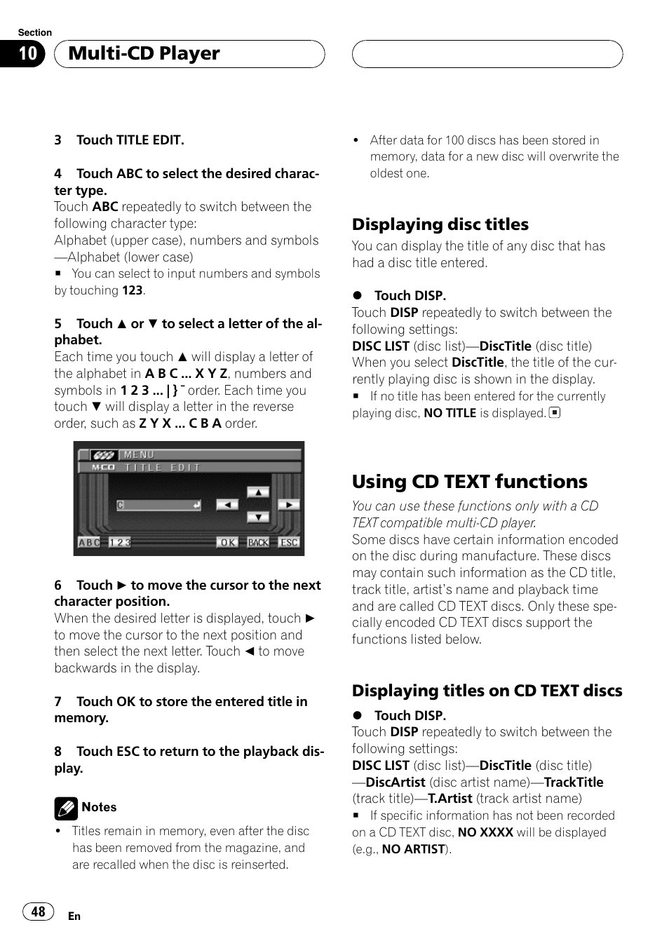 Using cd text functions 48, Using cd text functions, Multi-cd player | Displaying disc titles, Displaying titles on cd text discs | Pioneer Super Tuner III D AVH-P6550DVD User Manual | Page 48 / 96
