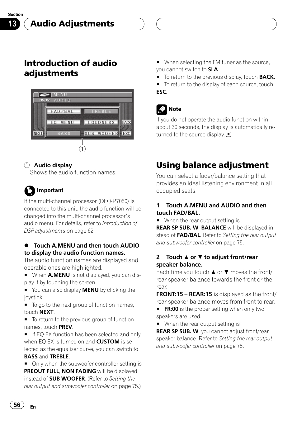 Introduction of audio adjustments, Using balance adjustment, Audio adjustments | Pioneer Super Tuner III D AVH-P6550DVD User Manual | Page 56 / 96