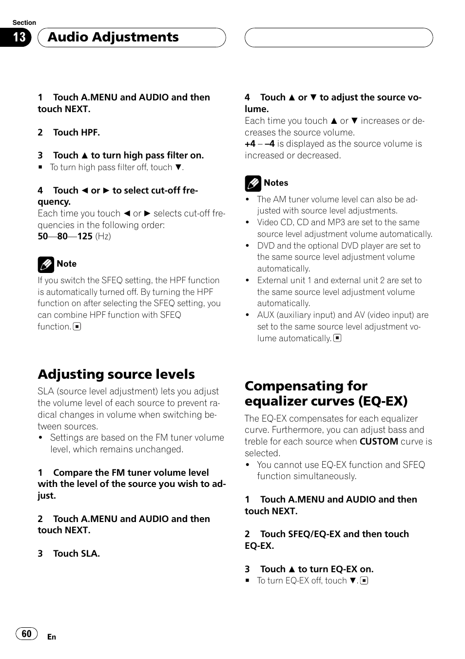 Adjusting source levels 60, Compensating for equalizer curves (eq, Ex) 60 | Compensating for equalizer, Adjusting source levels, Compensating for equalizer curves (eq-ex), Audio adjustments | Pioneer Super Tuner III D AVH-P6550DVD User Manual | Page 60 / 96