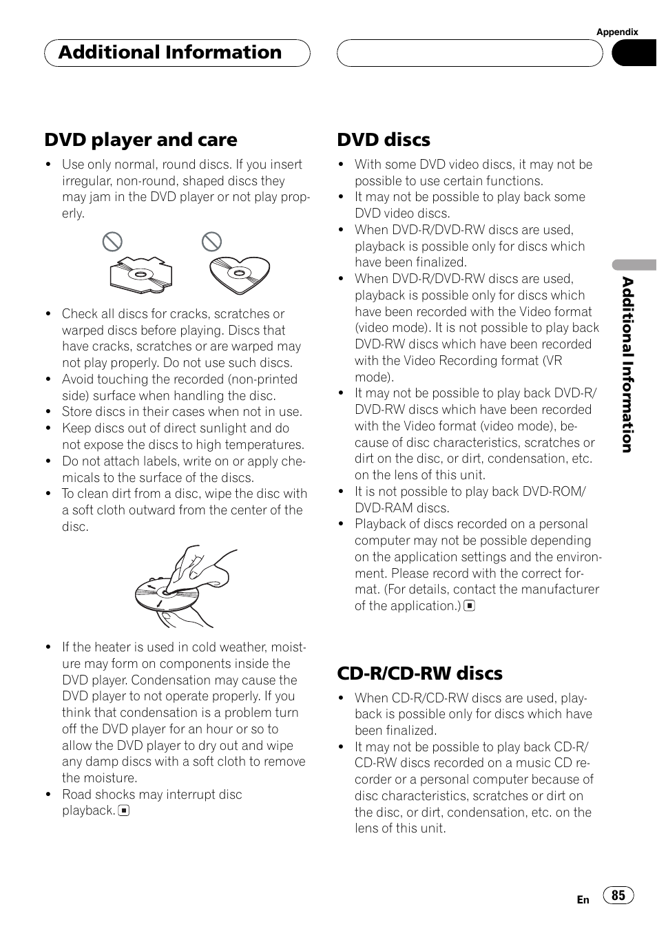 Dvd player and care, Dvd discs, Cd-r/cd-rw discs | Additionalinformation | Pioneer Super Tuner III D AVH-P6550DVD User Manual | Page 85 / 96