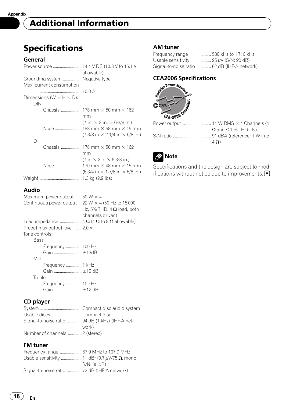 Specifications, Additional information | Pioneer DEH-11E User Manual | Page 16 / 49