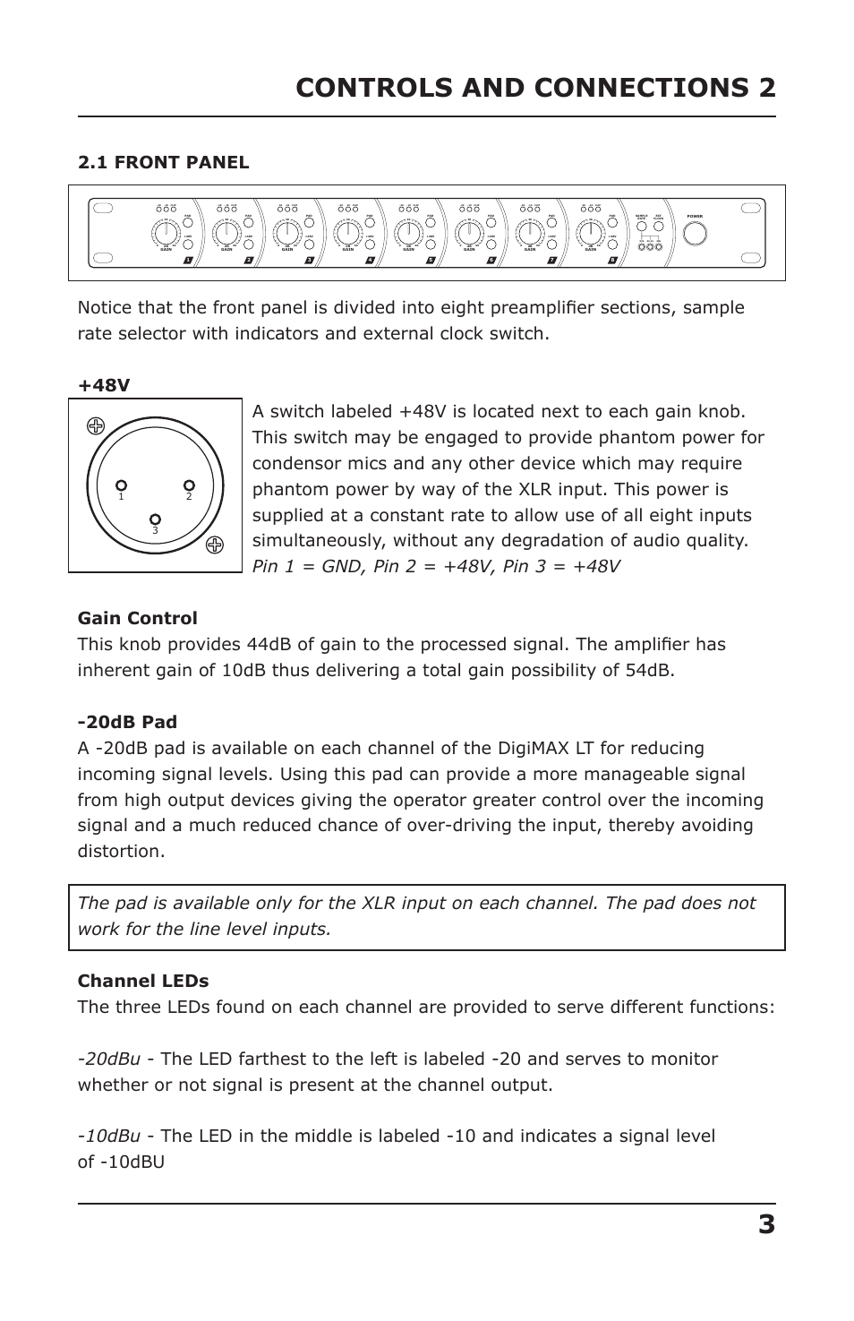3controls and connections 2, 1 front panel | Presonus Audio electronic DigiMAX LT User Manual | Page 5 / 15