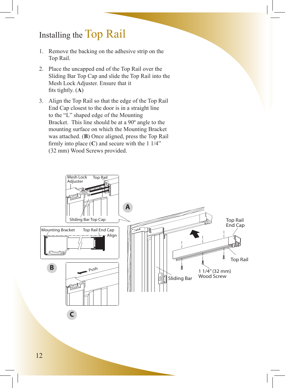 Top rail, Installing the, Ab c | Phantom Tech Sure View SU0508L User Manual | Page 12 / 20