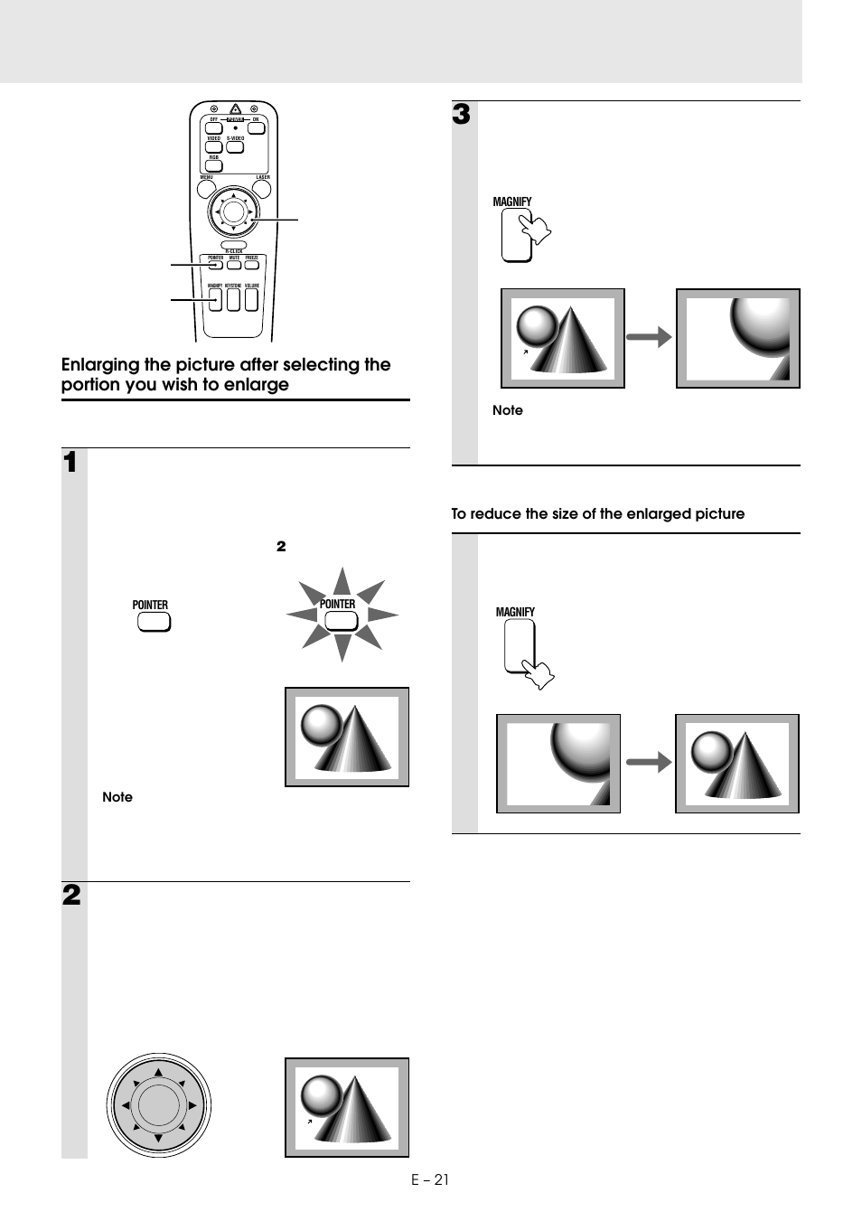 Press magnify, E – 21 | PLUS Vision U2-1130 User Manual | Page 23 / 39